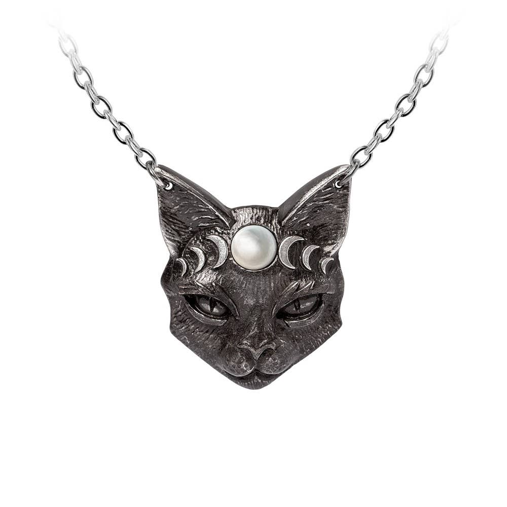 Silver cat head necklace with moon phases and pearl on a white background