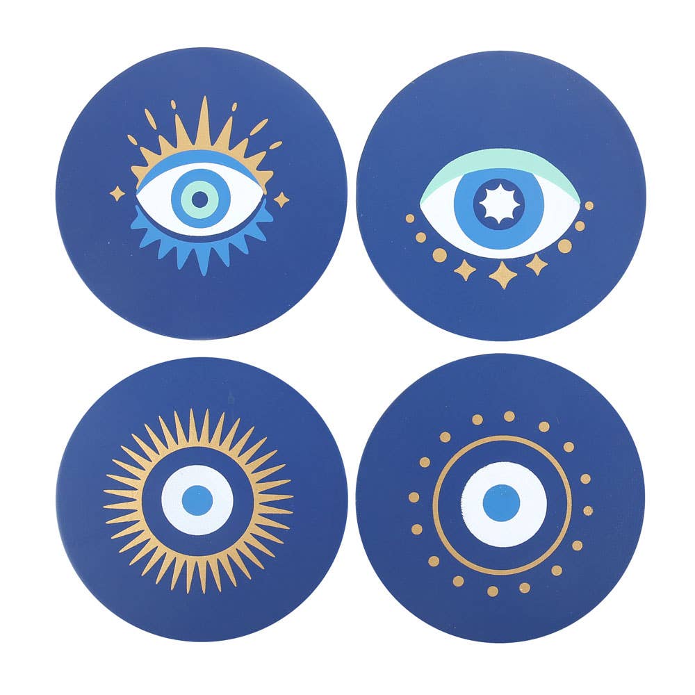 Four circular coaster designs with eye and sun motifs on a blue background