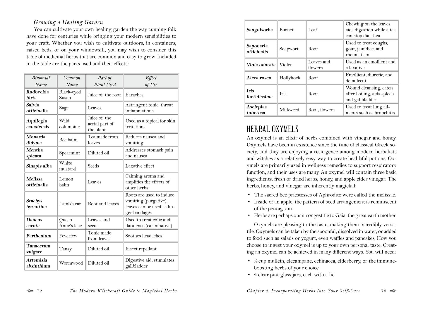 Page from a book titled 'The Modern Witchcraft Guide to Magical Herbs' with text and tables on herbs.