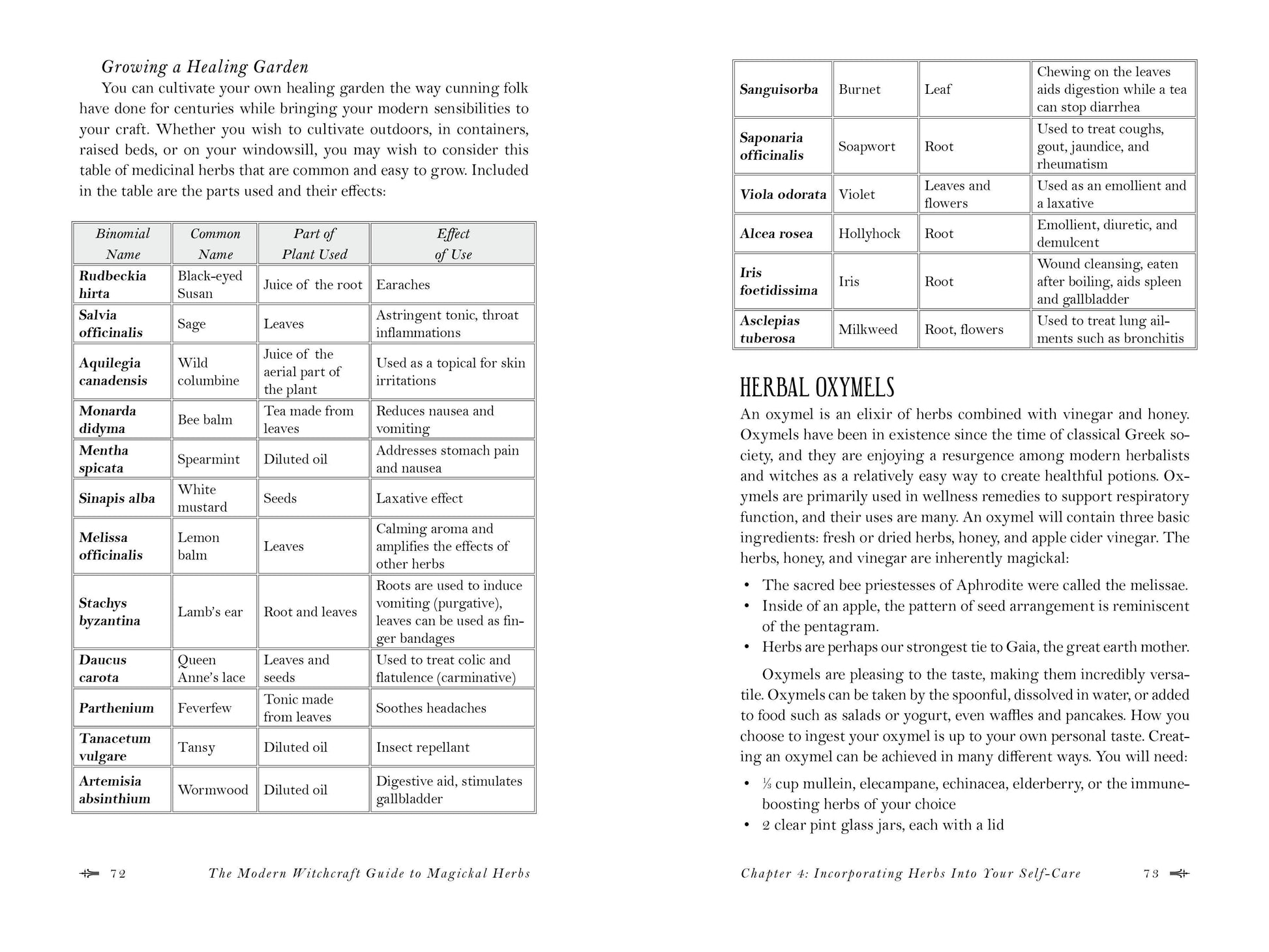 Page from a book titled 'The Modern Witchcraft Guide to Magical Herbs' with text and tables on herbs.