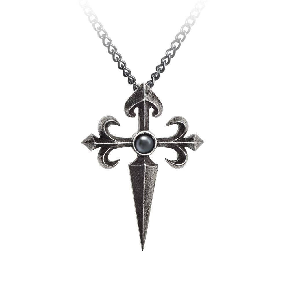Silver cross-shaped pendant with a pointed bottom on a white background