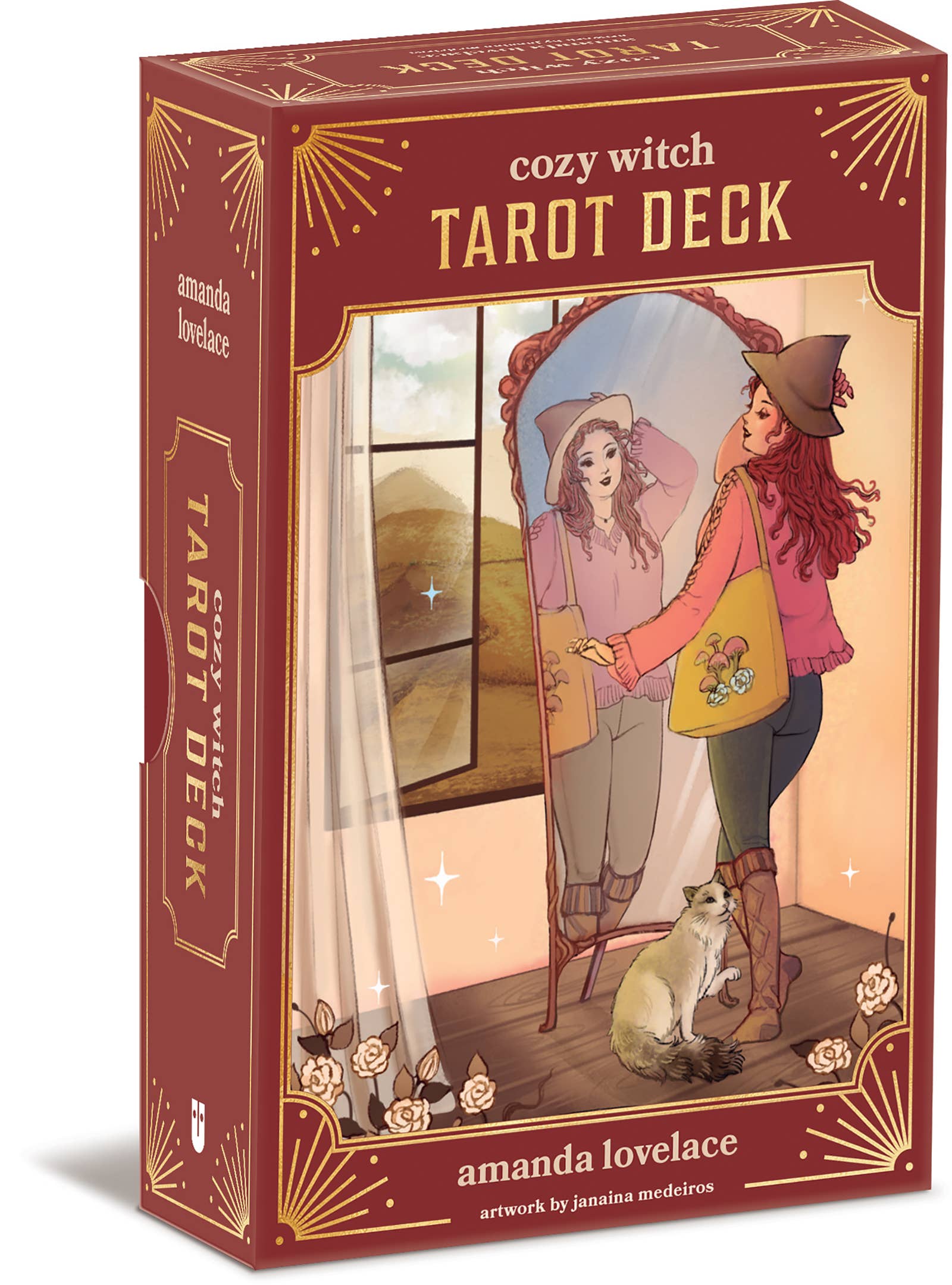 Tarot deck box with illustration of a woman in a witch hat and a cat, titled 'Cozy Witch Tarot Deck' by Amanda Lovelace.