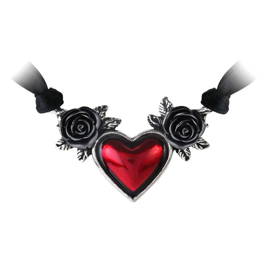 Necklace with a red heart and black roses on a white background