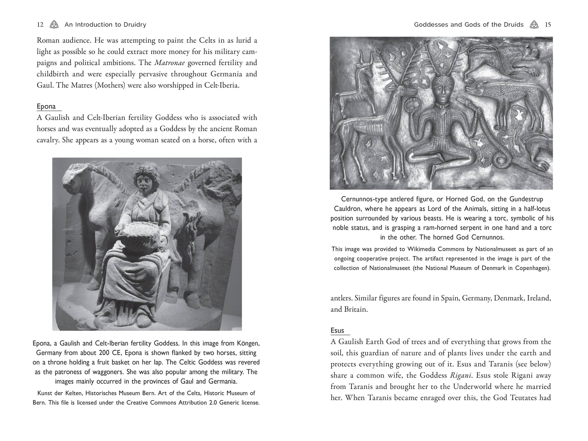 Page from a book about Roman deities, featuring images of gods and goddesses with text.