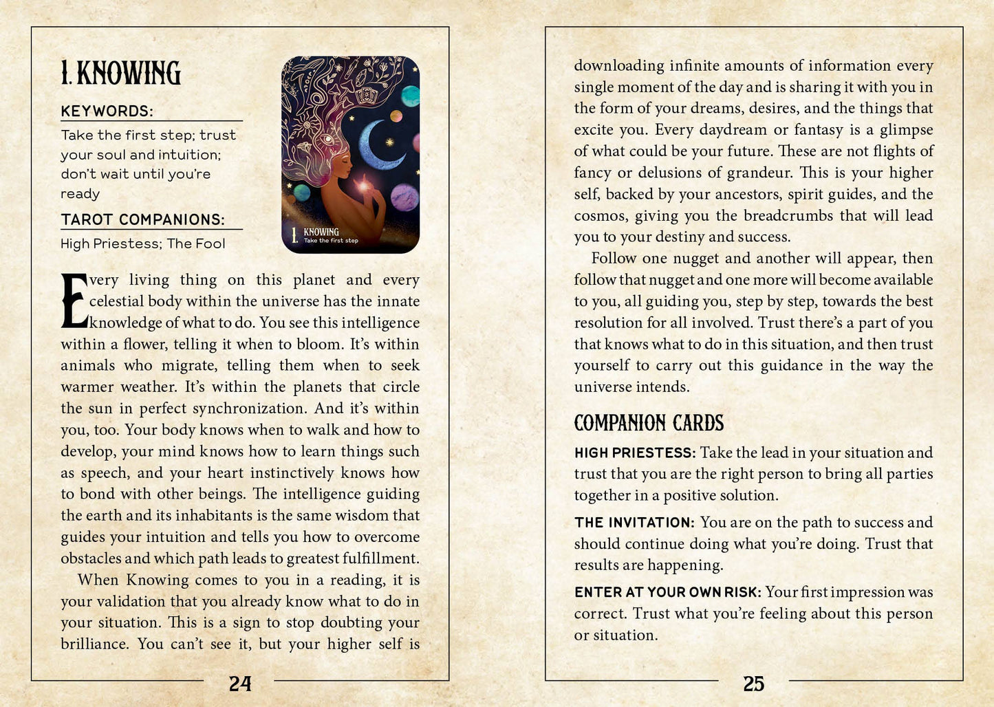 Open book with pages titled 'I KNOWING' and 'COMPANION CARDS' with text and illustrations.