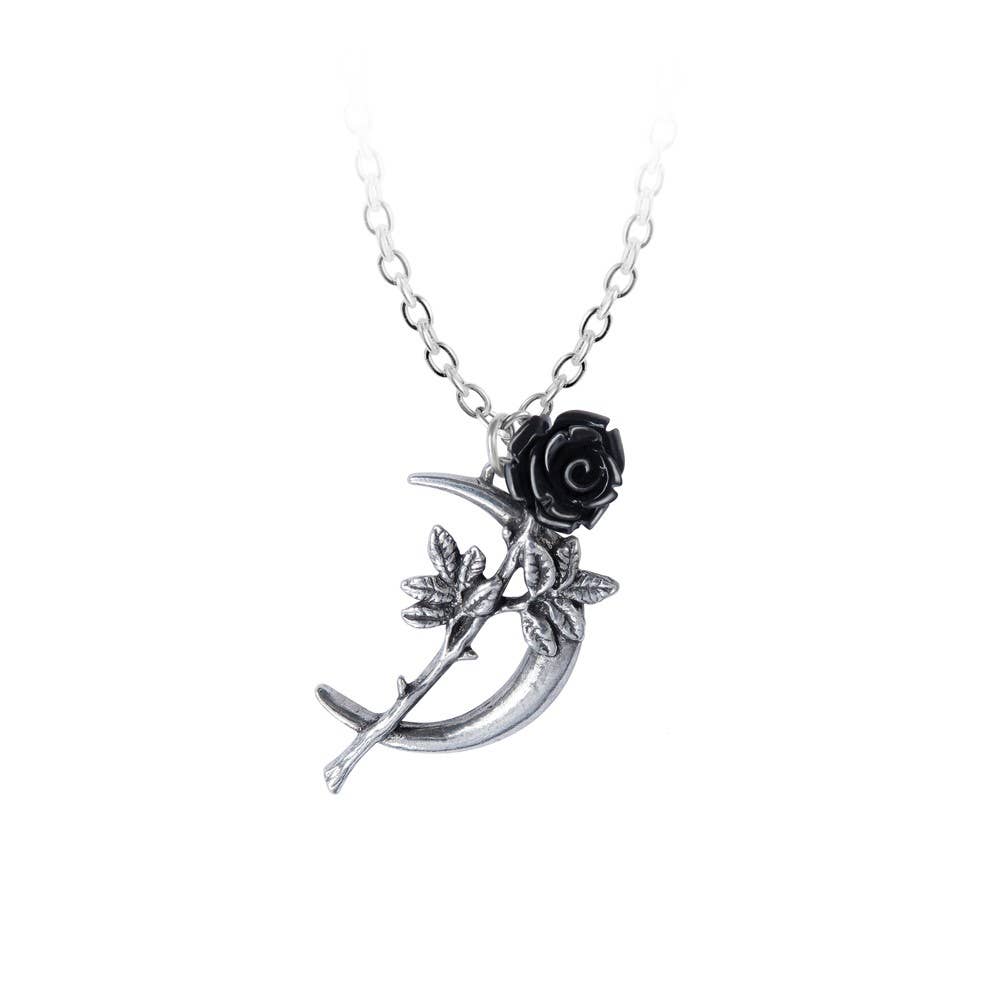 Necklace with black rose and silver crescent moon design on a white background