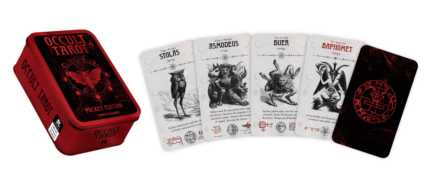 Occult tarot cards with red and black design on a white background