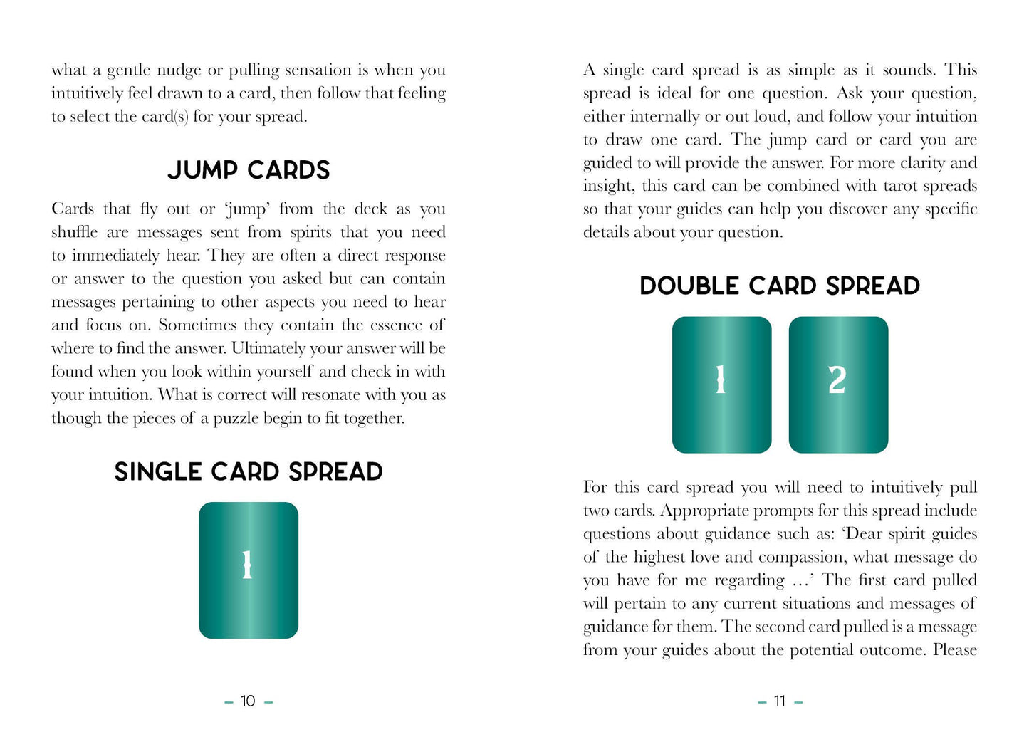 Pages from a card guidebook explaining single and double card spreads with text and numbered cards.