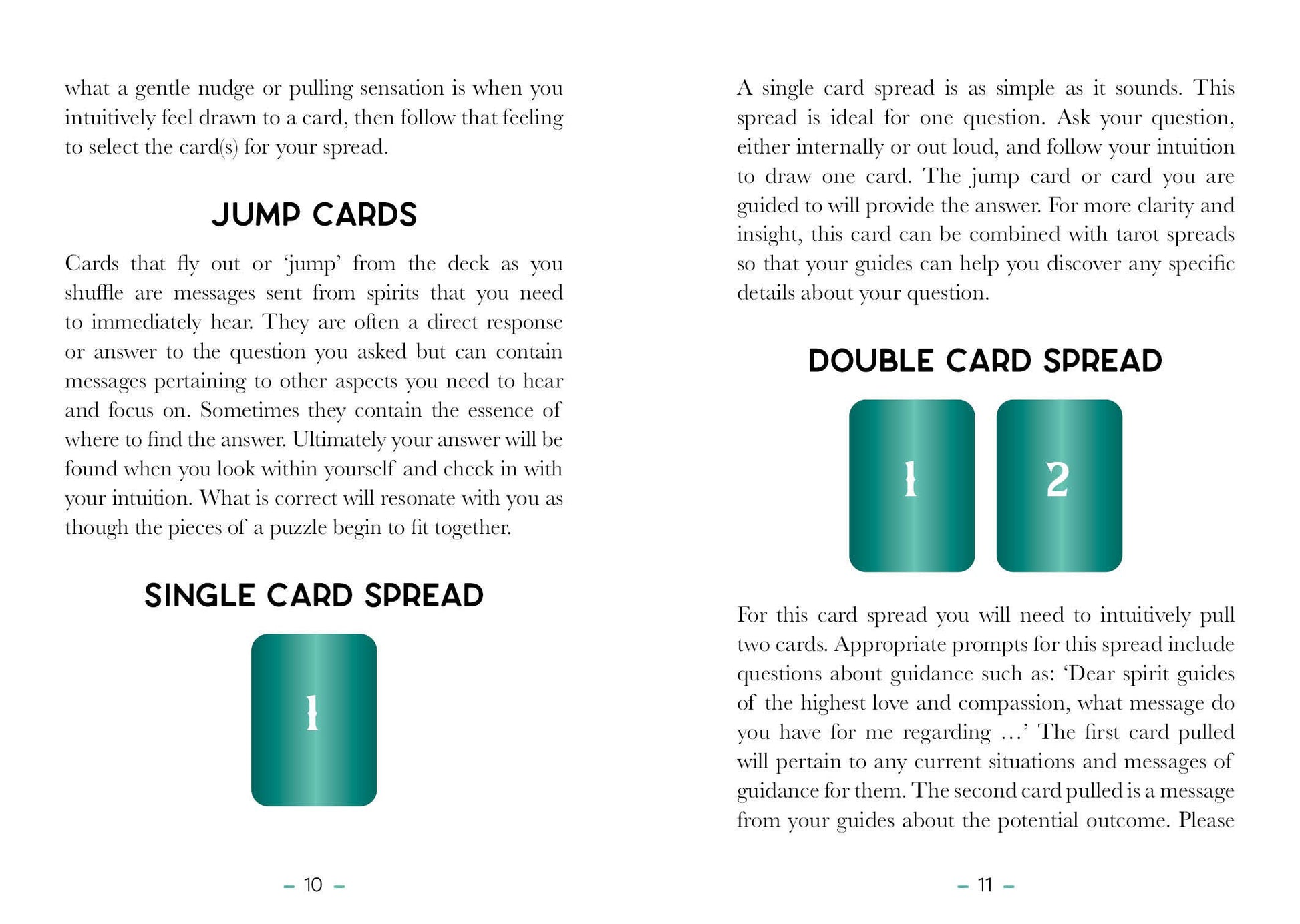 Pages from a card guidebook explaining single and double card spreads with text and numbered cards.