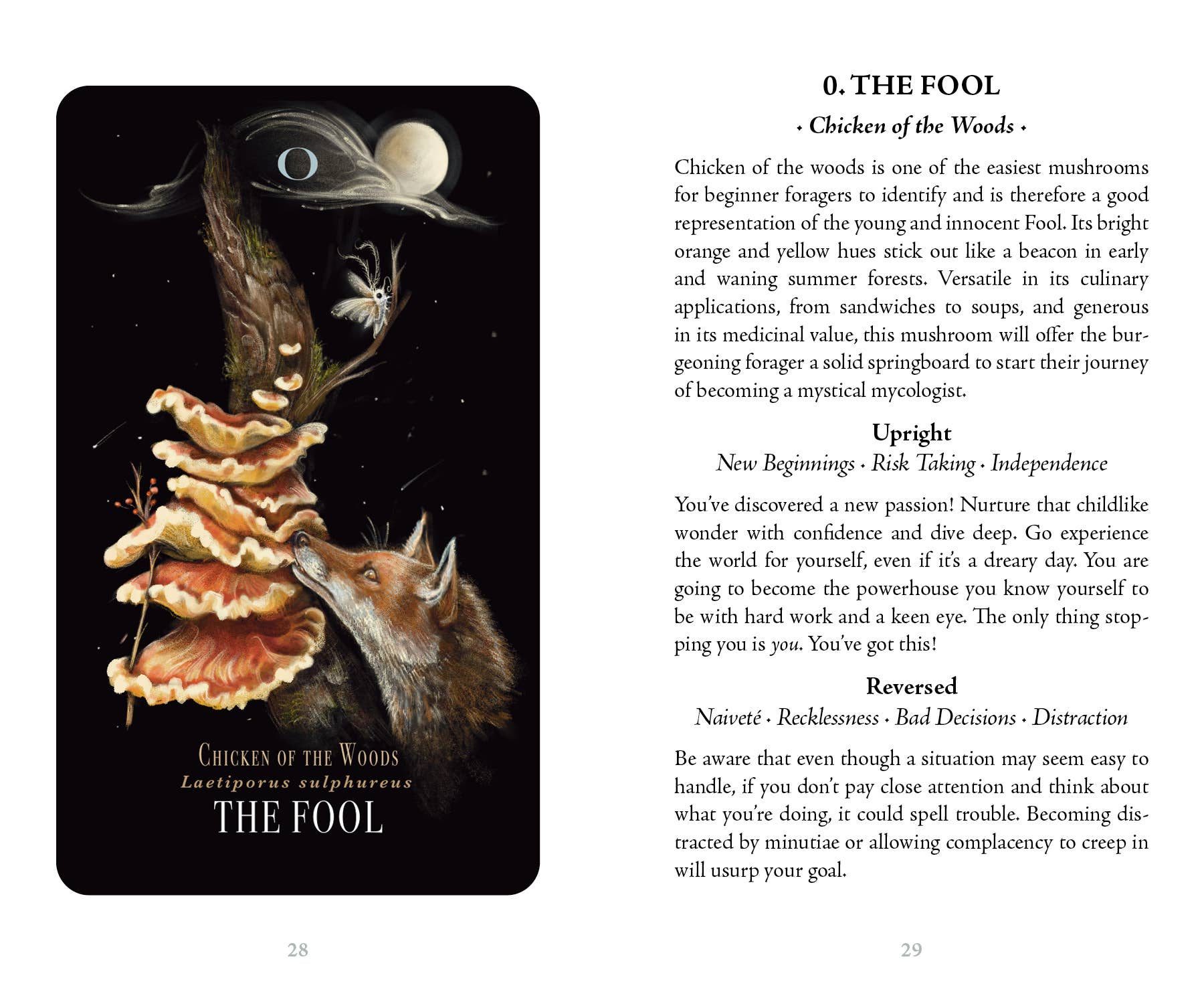 Card from a tarot deck featuring a mushroom and fox with descriptive text on a white background.