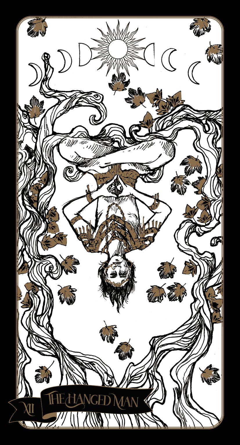 Tarot card featuring 'The Hanged Man' with intricate design and symbols.
