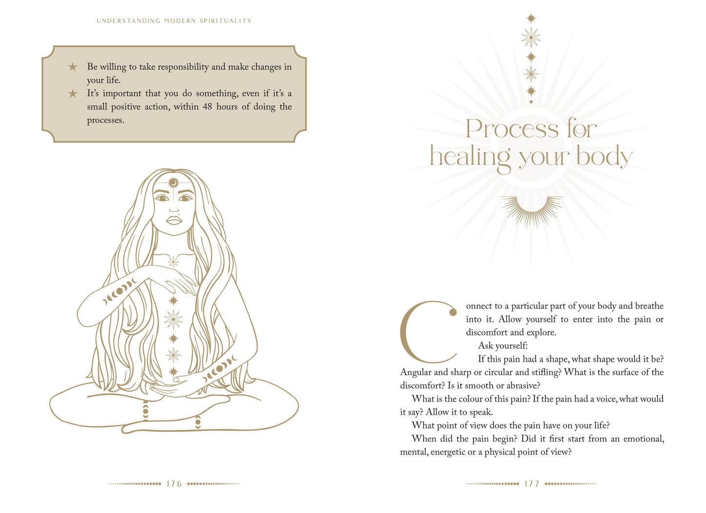 Page from a book or magazine with a woman in a meditative pose and text on healing the body.