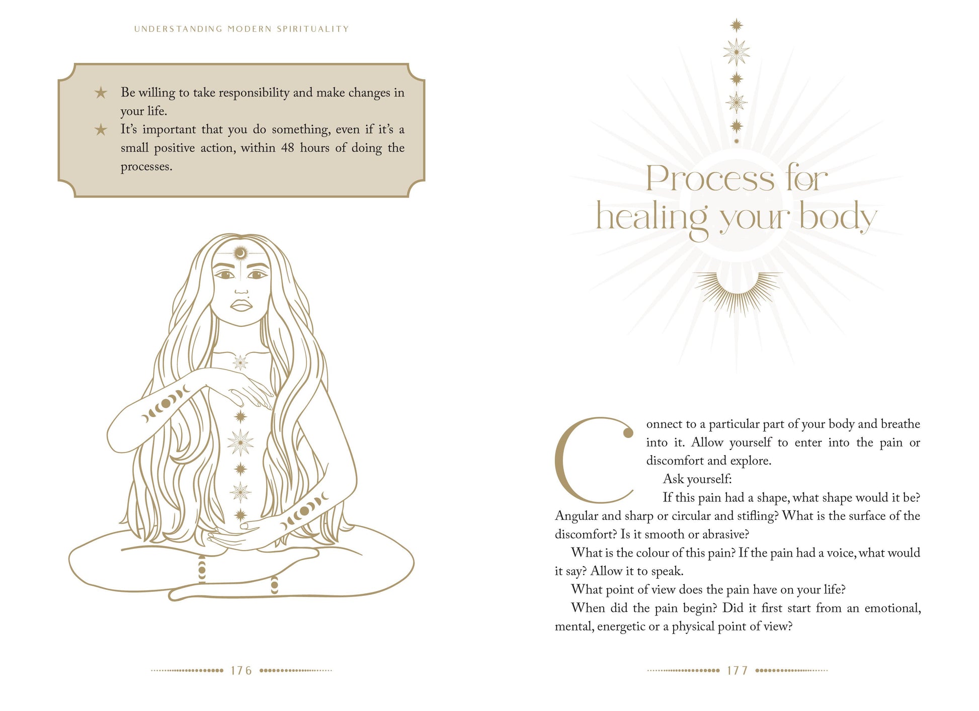 Page from a book or magazine with a woman in a meditative pose and text on healing the body.