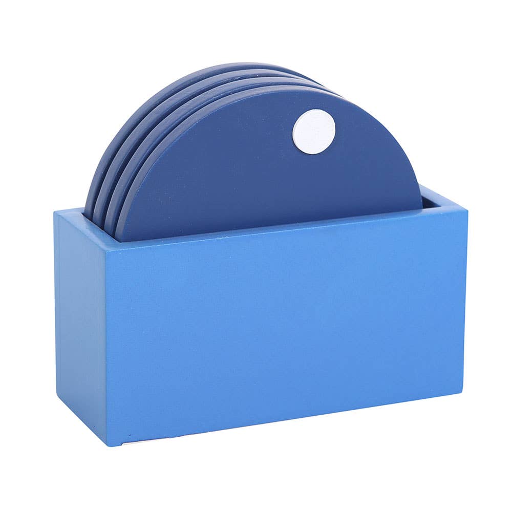 Blue coaster set with holder on a white background