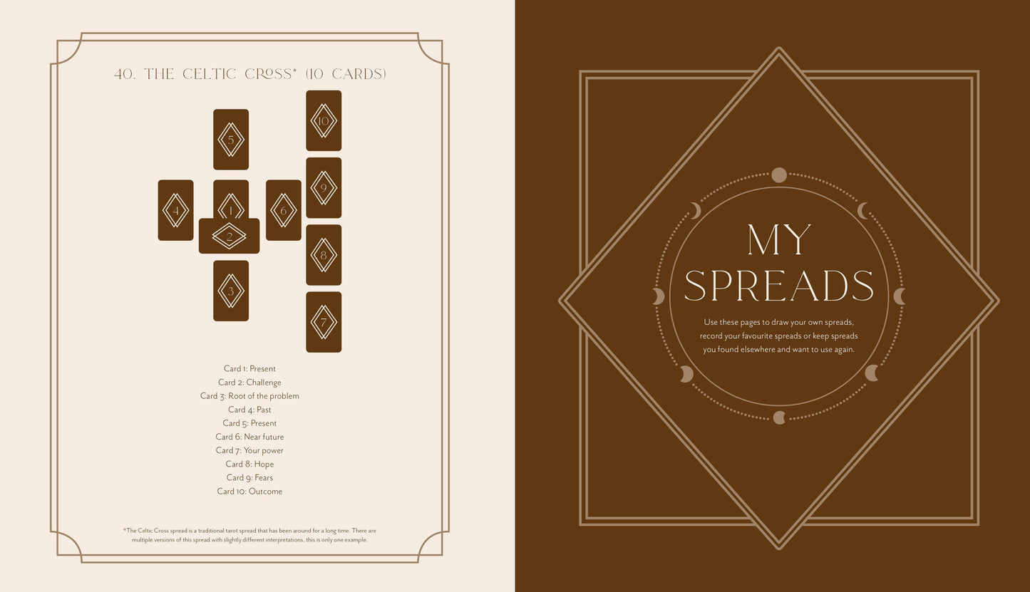 Page of tarot spread example with Celtic design elements on a brown and beige background