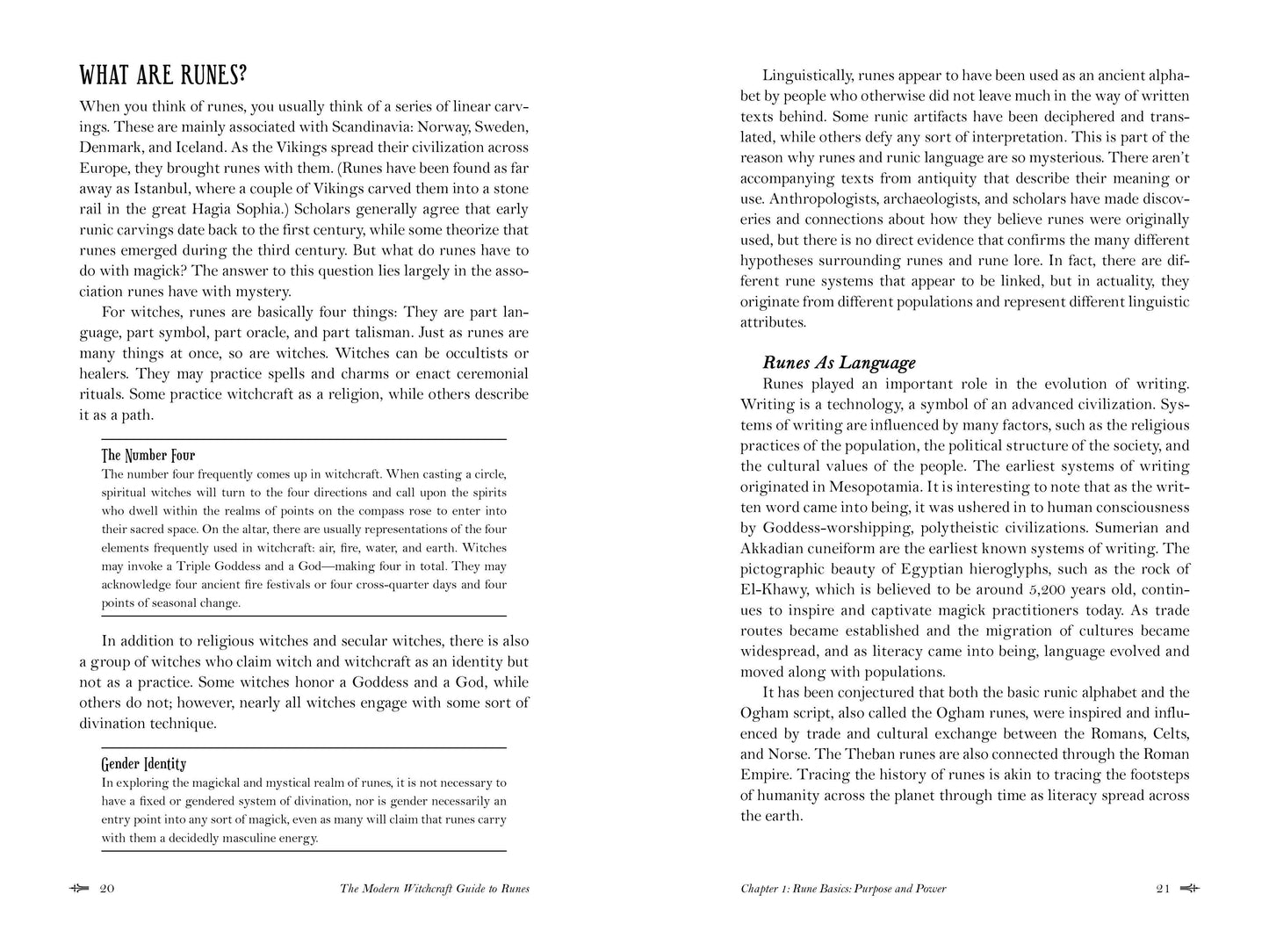 Book page with text on runes and their linguistic origins