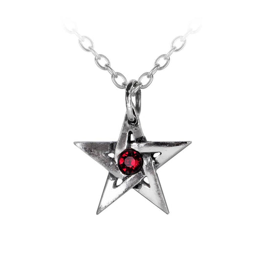 Silver star pendant with a red gemstone on a white background