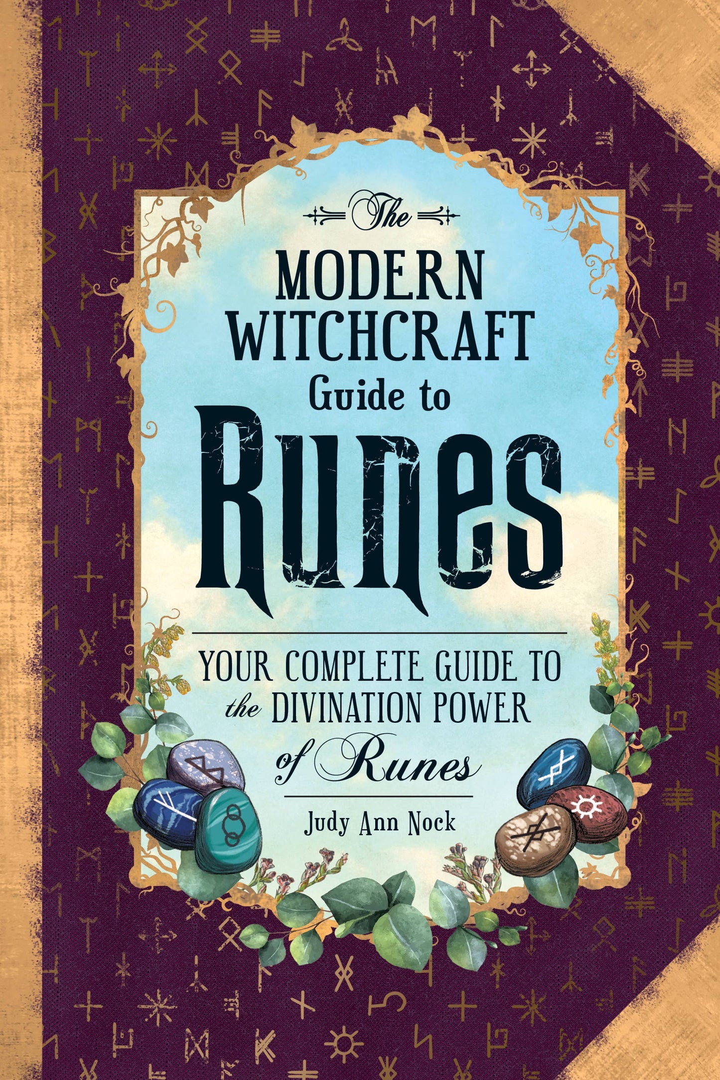 Book cover of 'The Modern Witchcraft Guide to Runes' with purple and gold design elements.