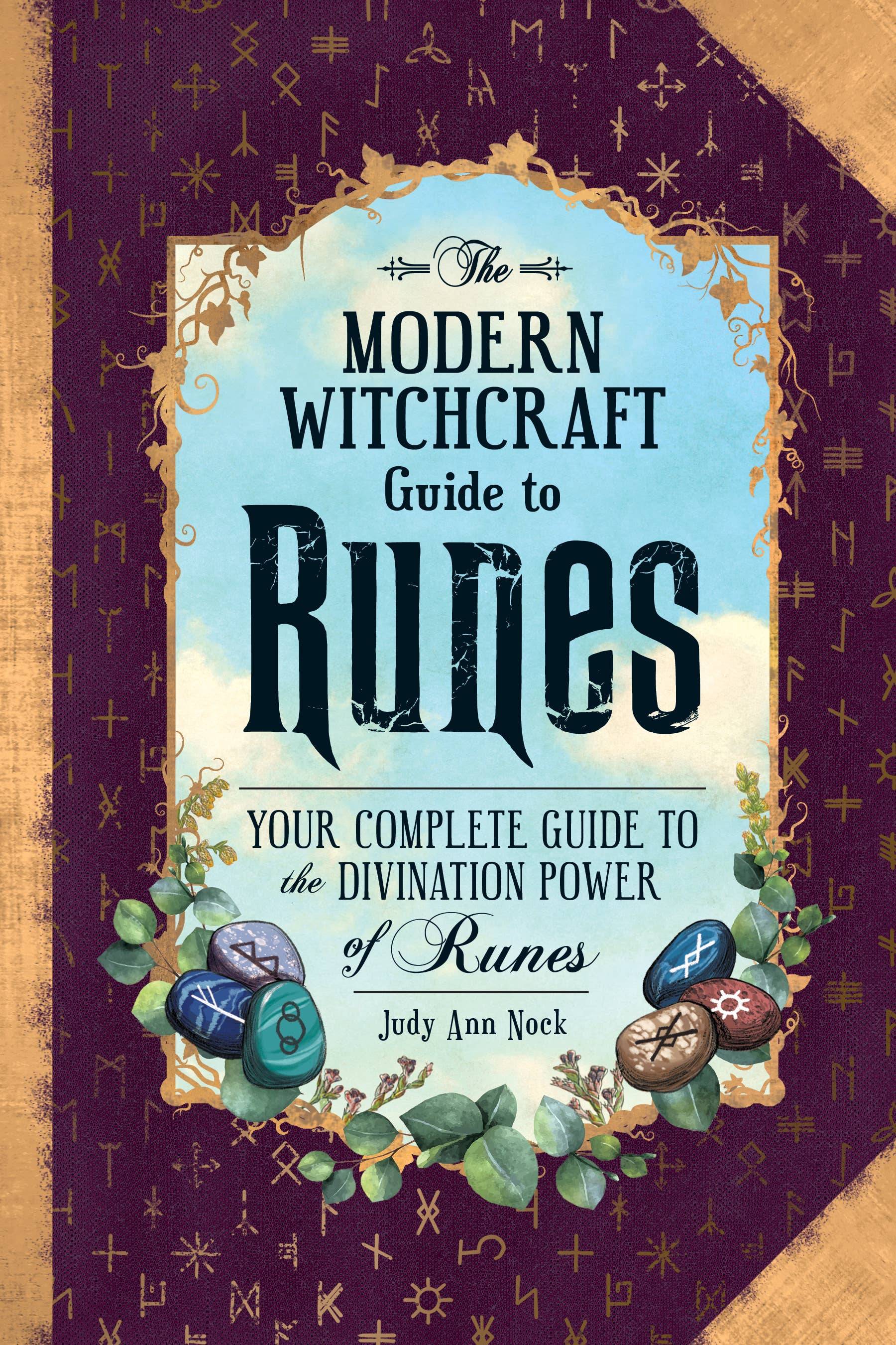 Book cover of 'The Modern Witchcraft Guide to Runes' with purple and gold design elements.