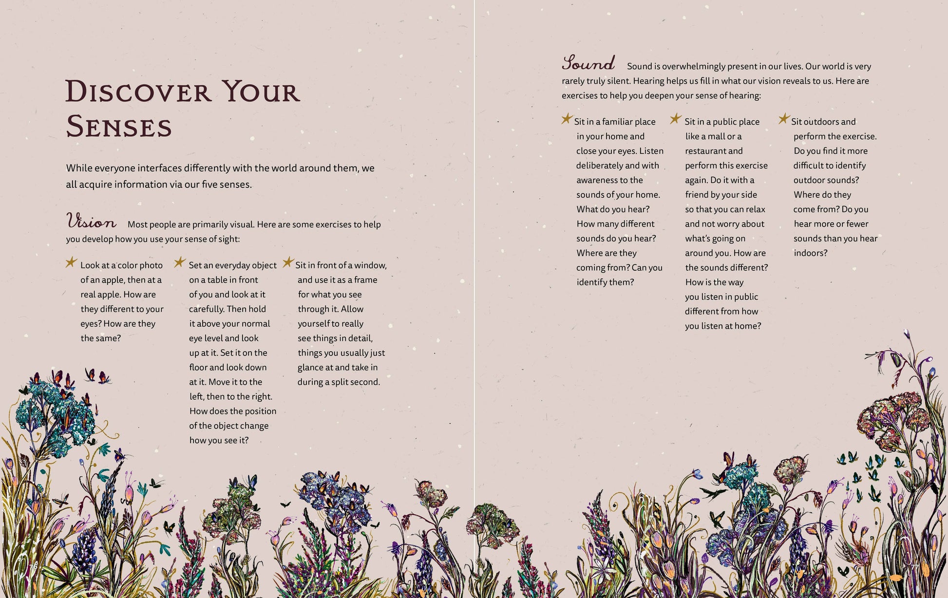 Educational material on 'Discover Your Senses' with floral design at the bottom