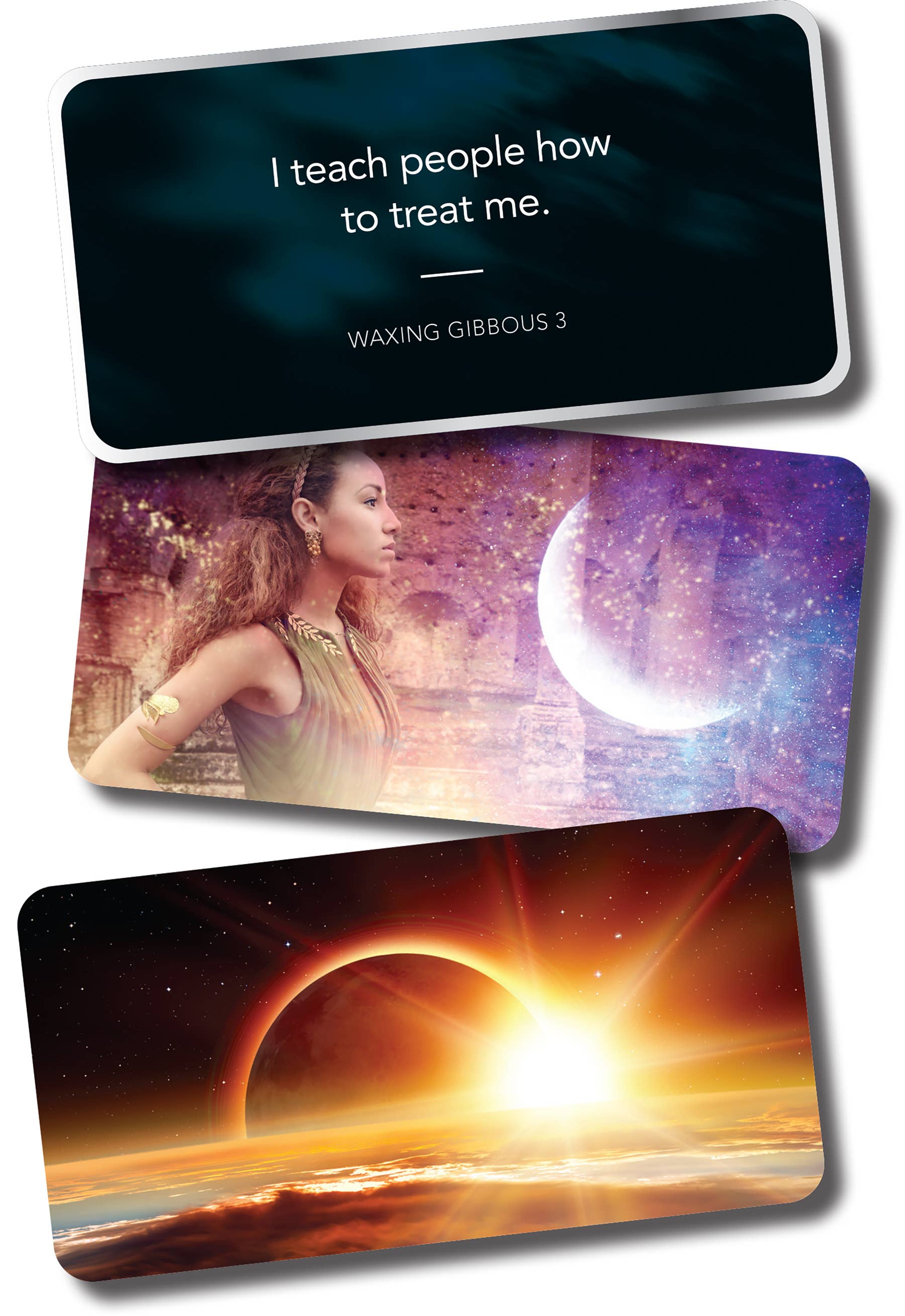 Three cards with different designs and text, including a motivational quote and celestial imagery.