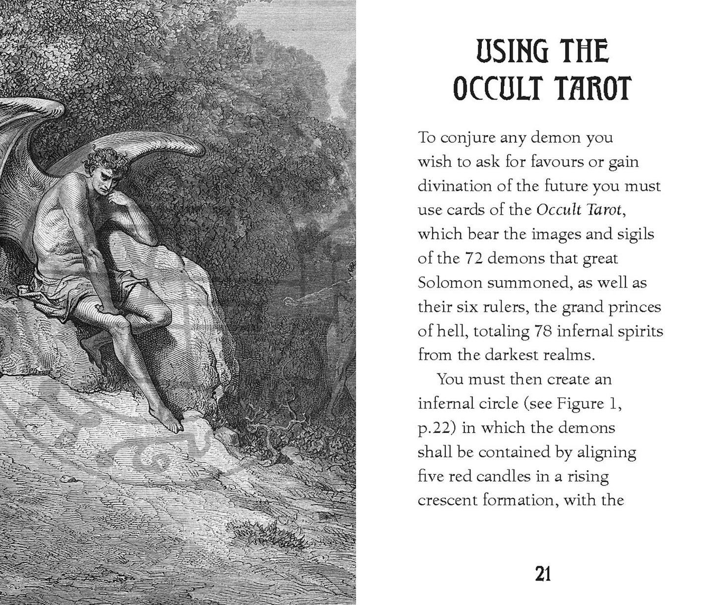 Illustration of a demon on a rock with text about using the Occult Tarot