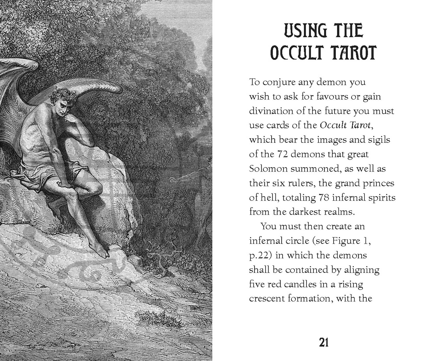 Illustration of a demon on a rock with text about using the Occult Tarot