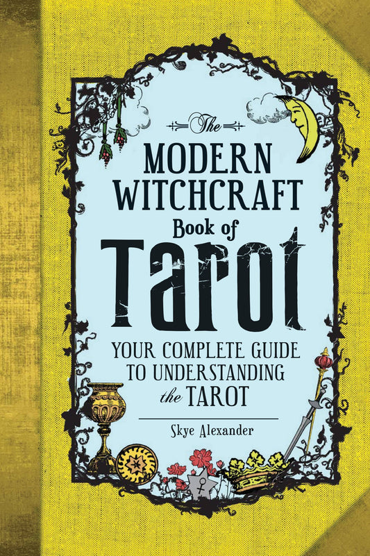 Book cover of 'The Modern Witchcraft Book of Tarot' with decorative elements on a yellow background