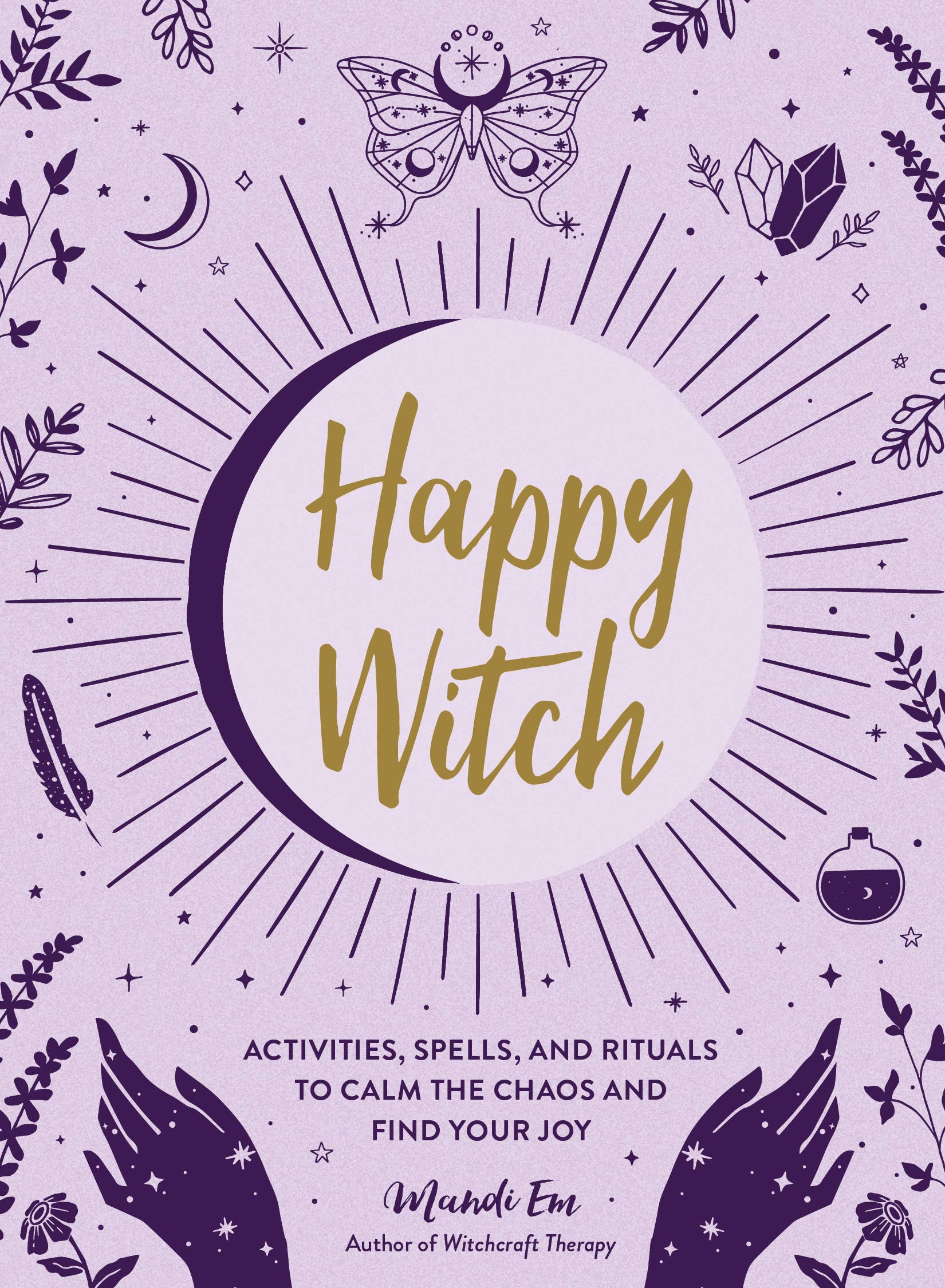 Purple book cover with 'Happy Witch' text and witchcraft-themed illustrations on a purple background