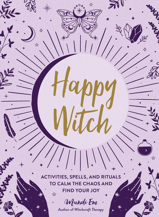 Purple book cover with 'Happy Witch' text and witchcraft-themed illustrations on a purple background