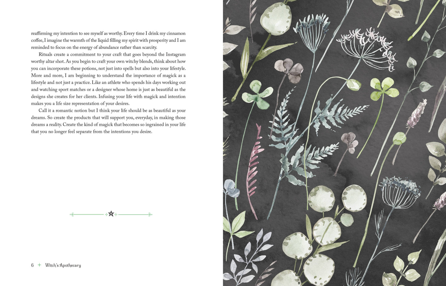 Page from a book with text and illustrations of plants on a dark background
