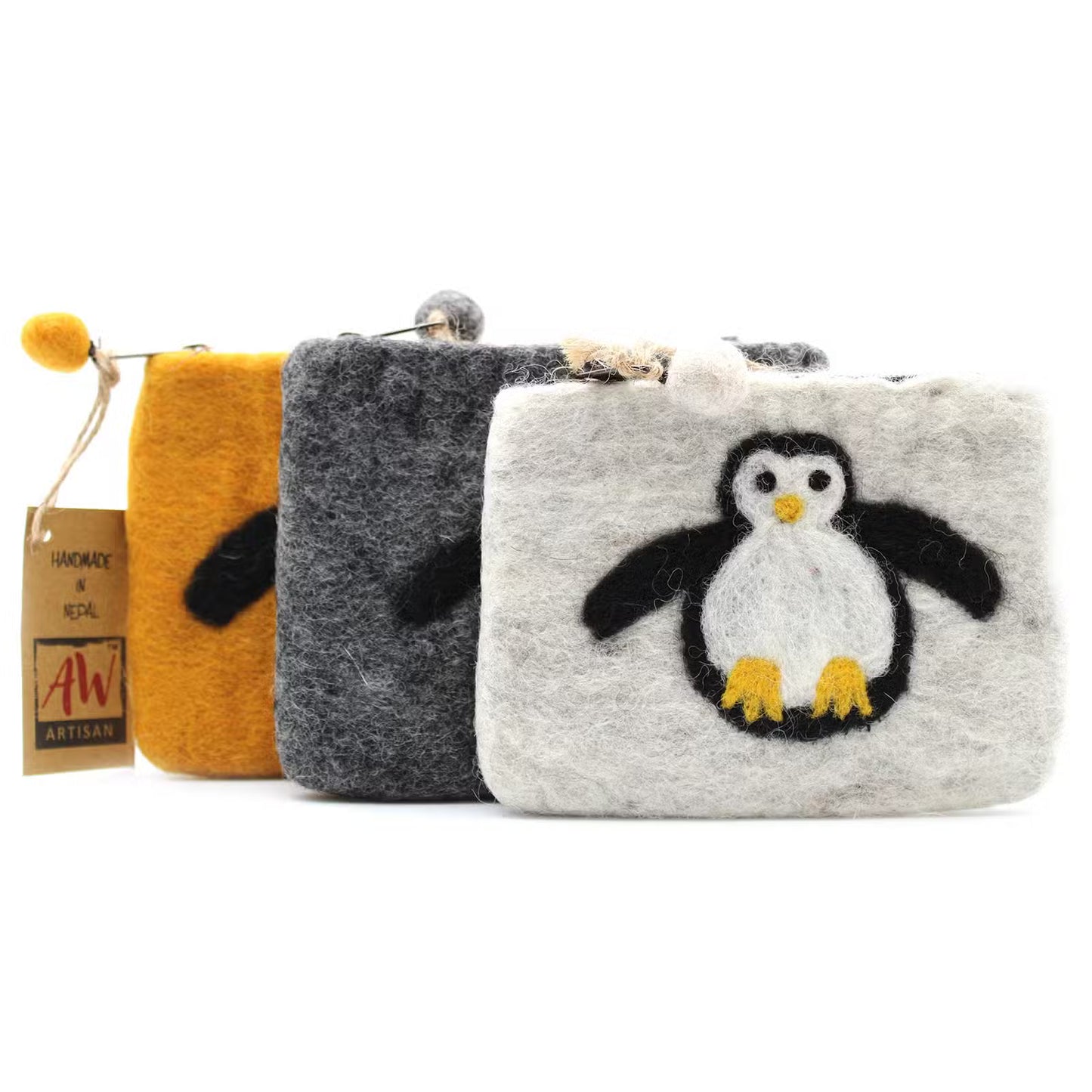 Three pouches with different designs on a white background