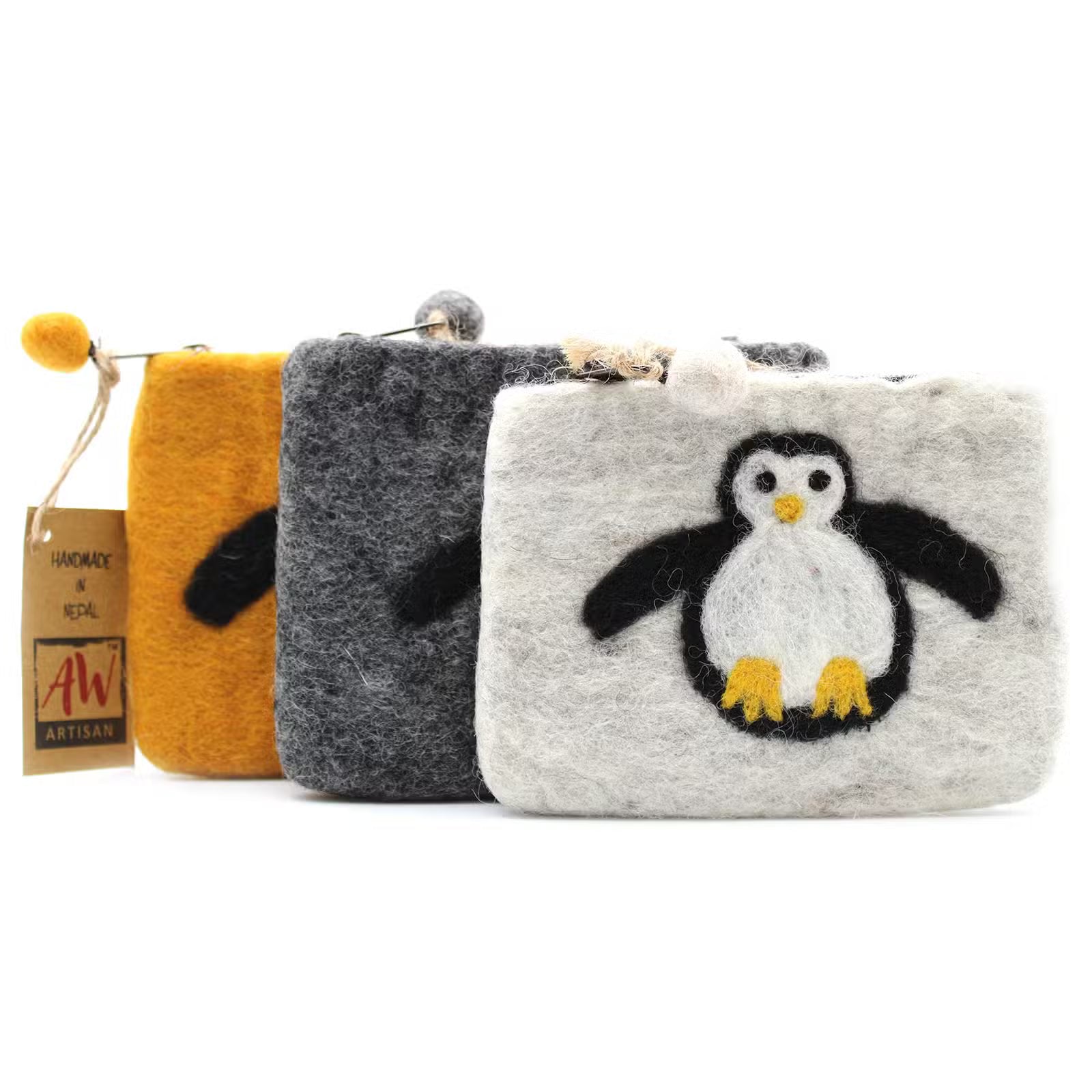 Three pouches with different designs on a white background