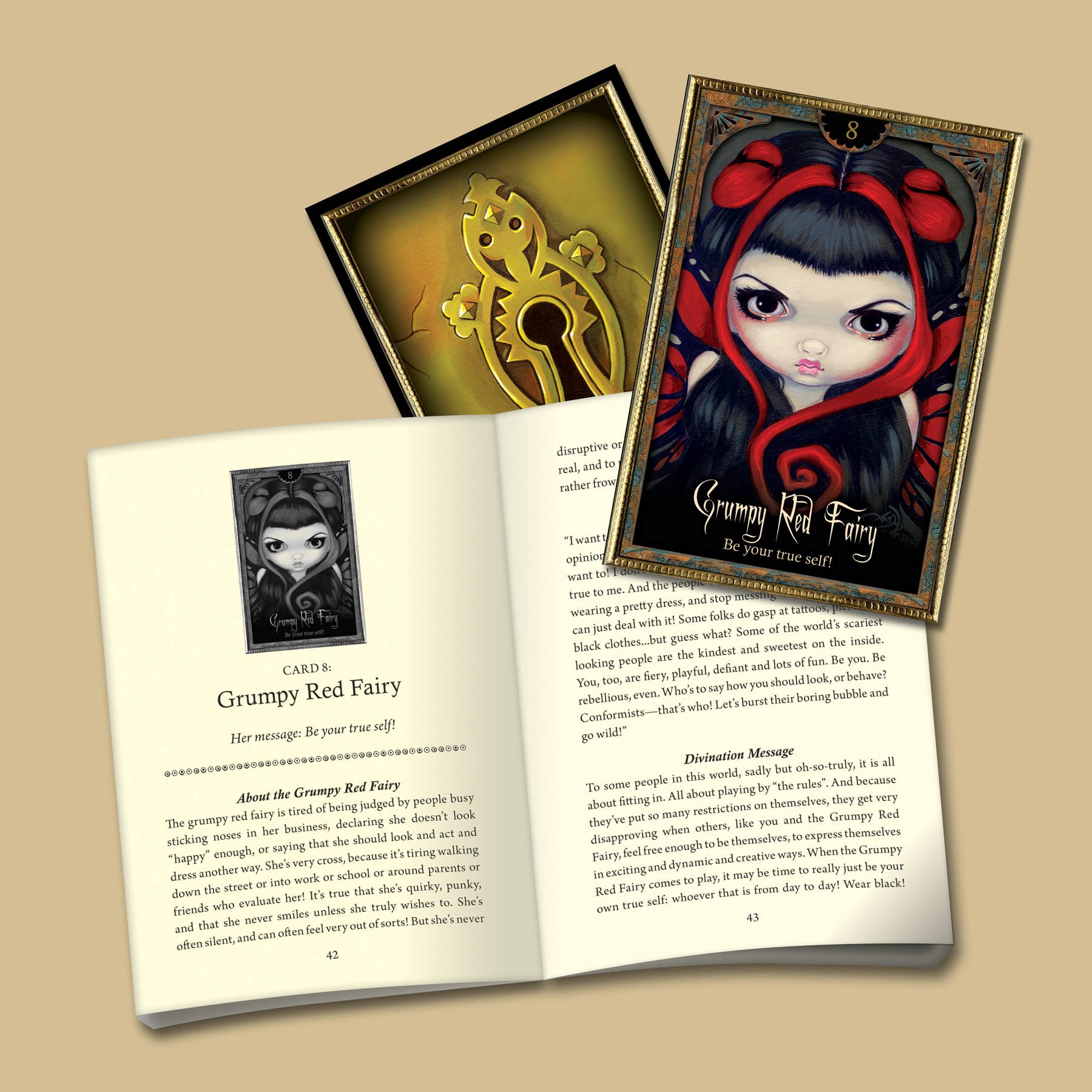 Open book with illustrations of a grumpy red fairy and a key, on a beige background.