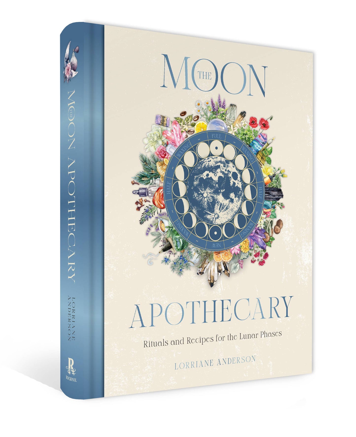 Book titled 'The Moon Apothecary' with decorative cover featuring moon phases and flowers.