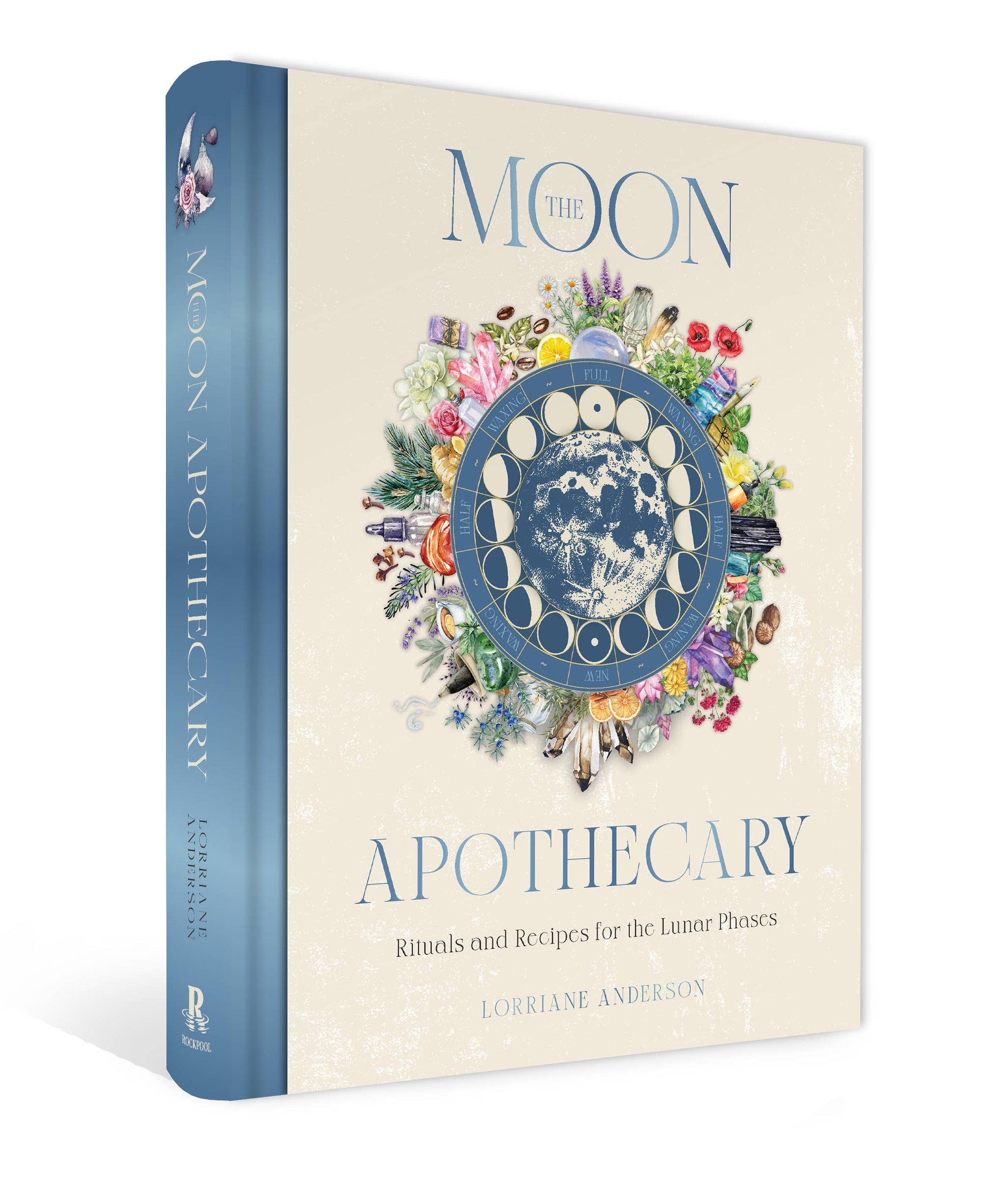 Book titled 'The Moon Apothecary' with decorative cover featuring moon phases and flowers.