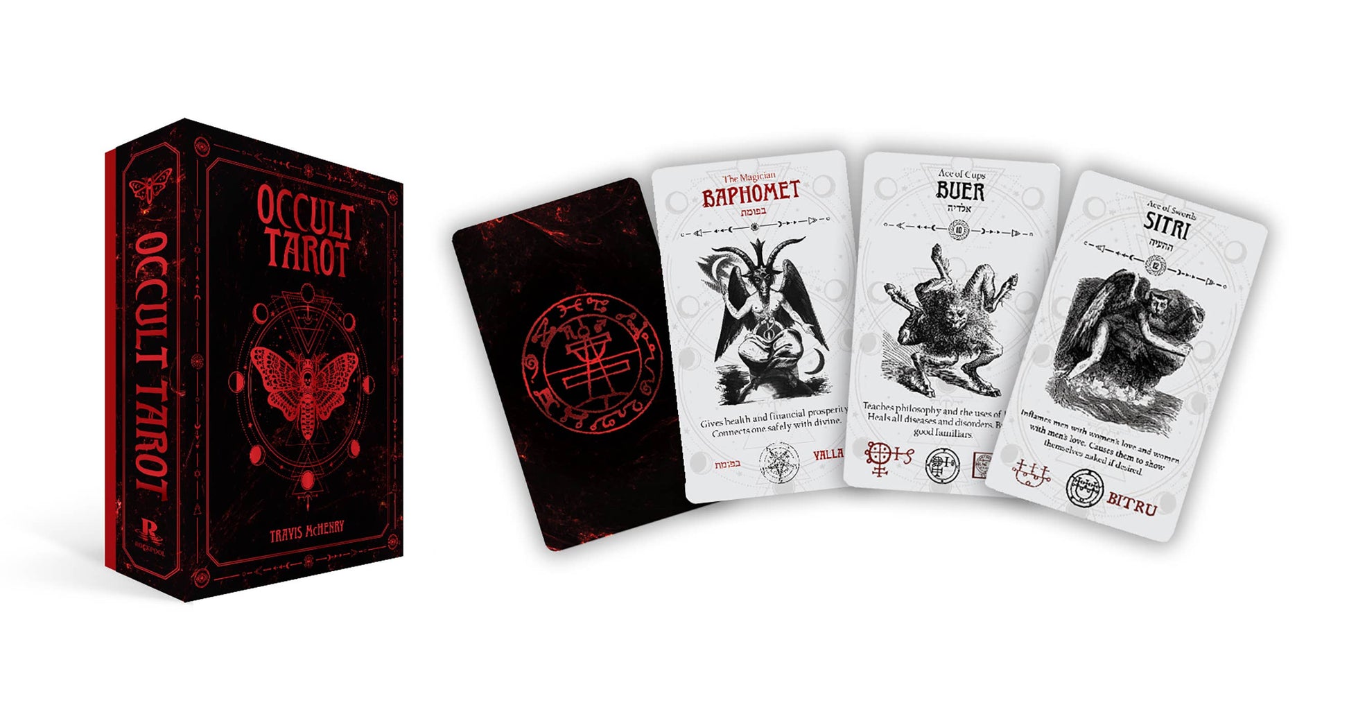 Occult tarot cards with black and red design on a white background