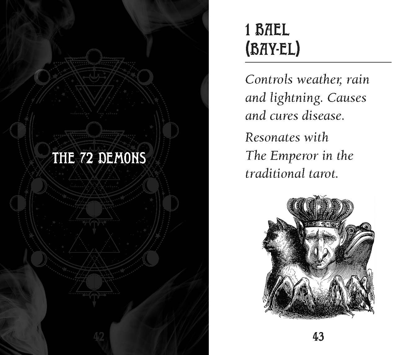 Page from a book or guide featuring Bael, a demon from 'The 72 Demons', with text and an illustration.