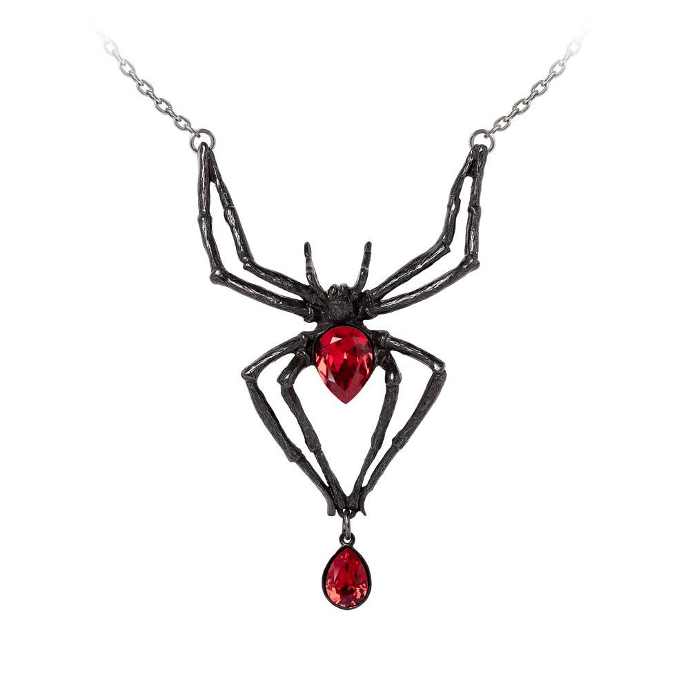 Black spider-shaped necklace with red gemstones on a white background
