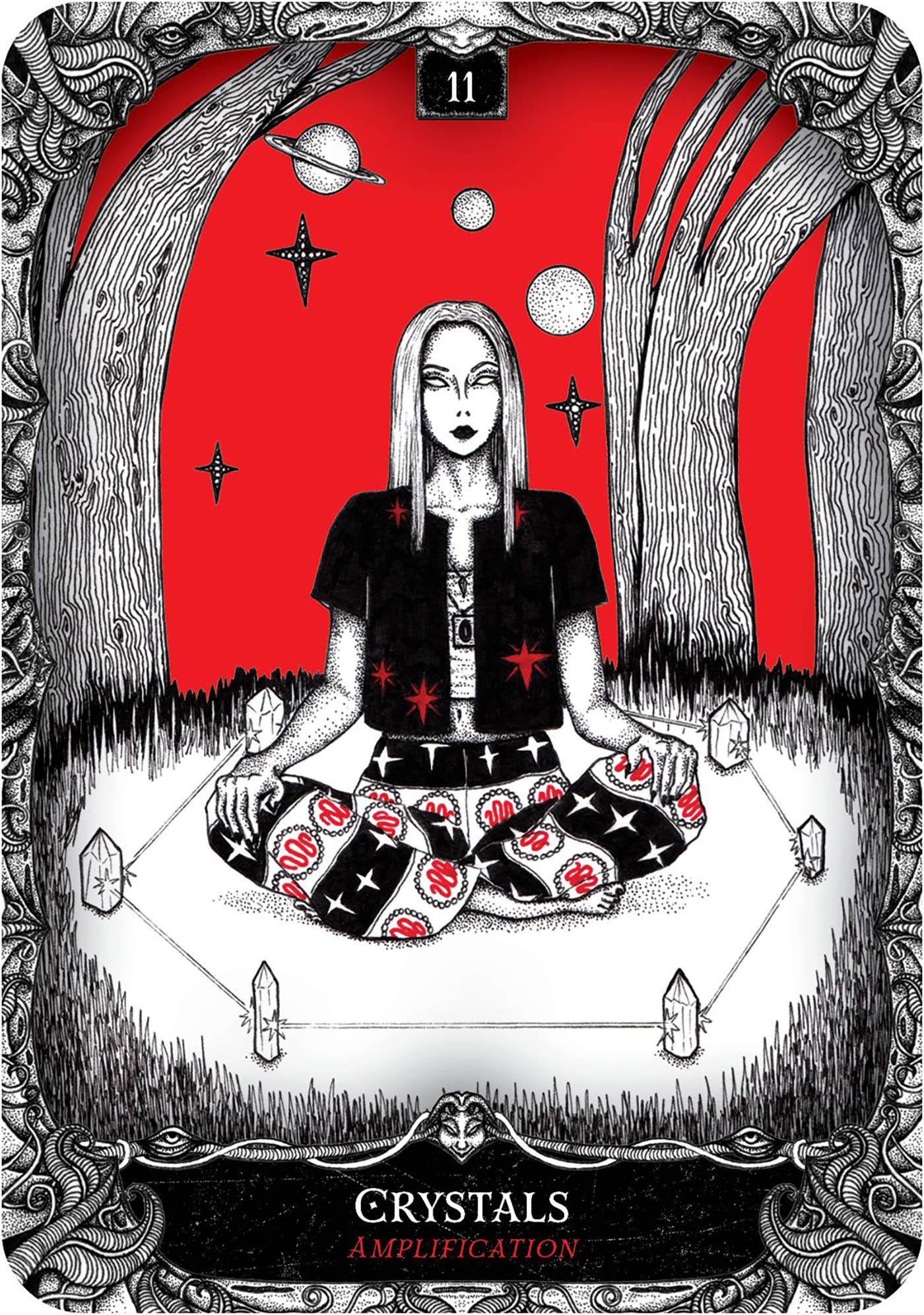 Tarot card with a person in a meditative pose against a red background with celestial elements.