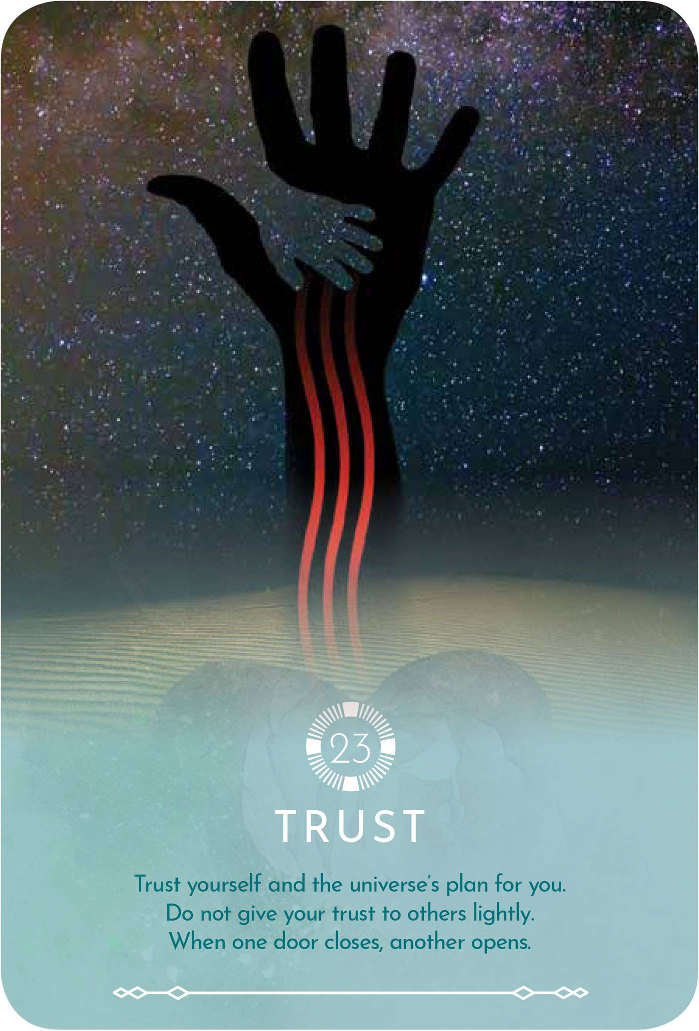 Card with silhouette of a hand reaching out, text about trust, and cosmic background