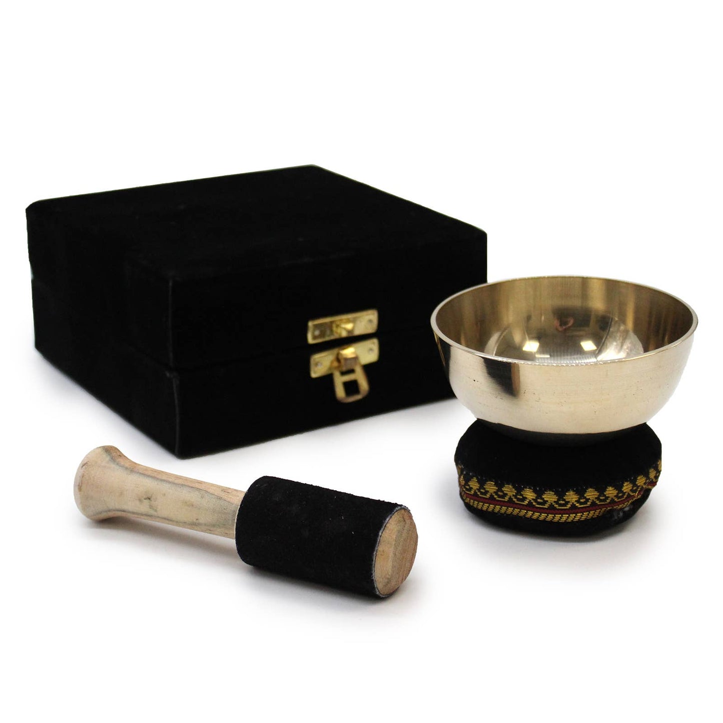 Singing bowl set with black cushioned stick and black box on a white background