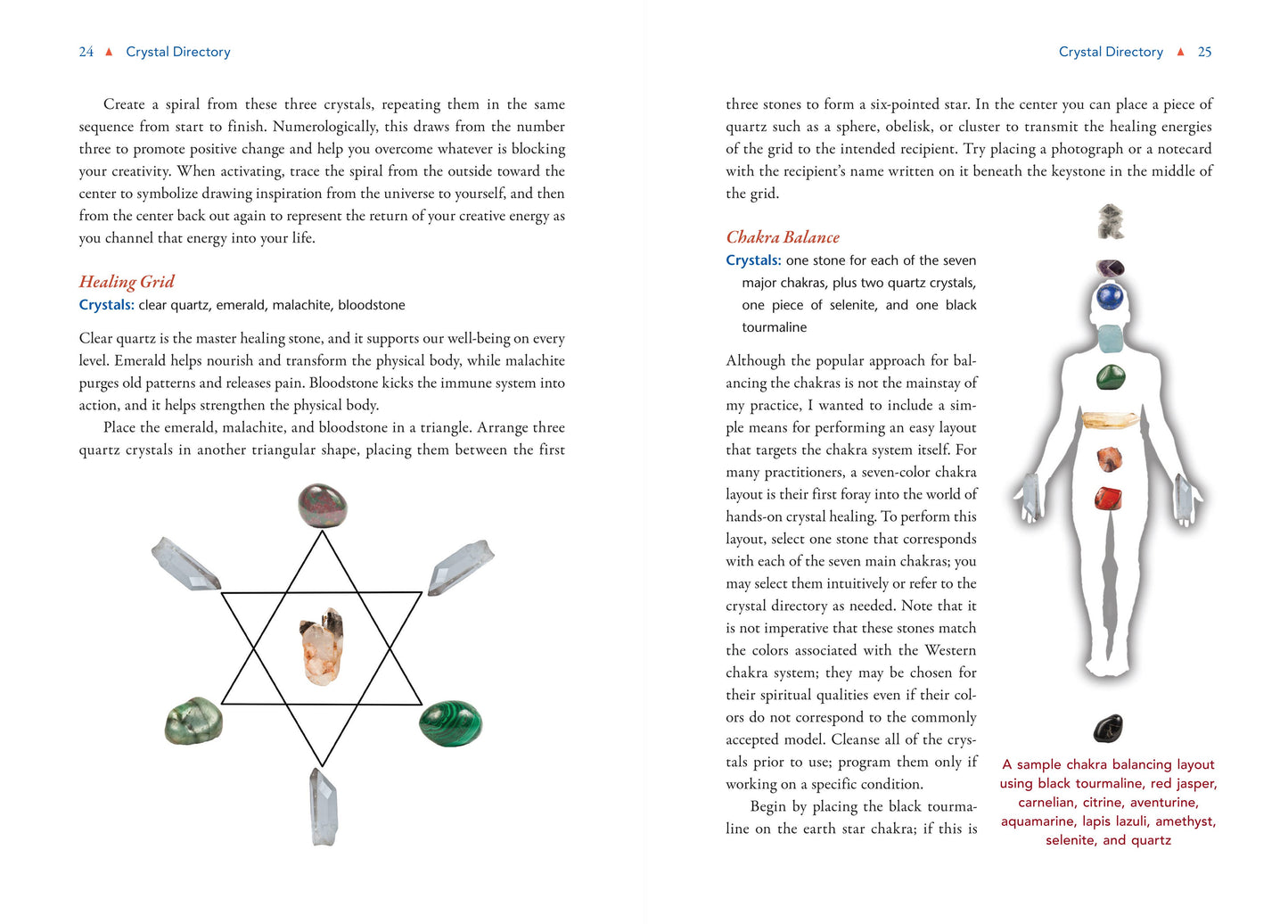 Page from a book on crystal healing with text and illustrations of crystals and a human body chakra diagram.