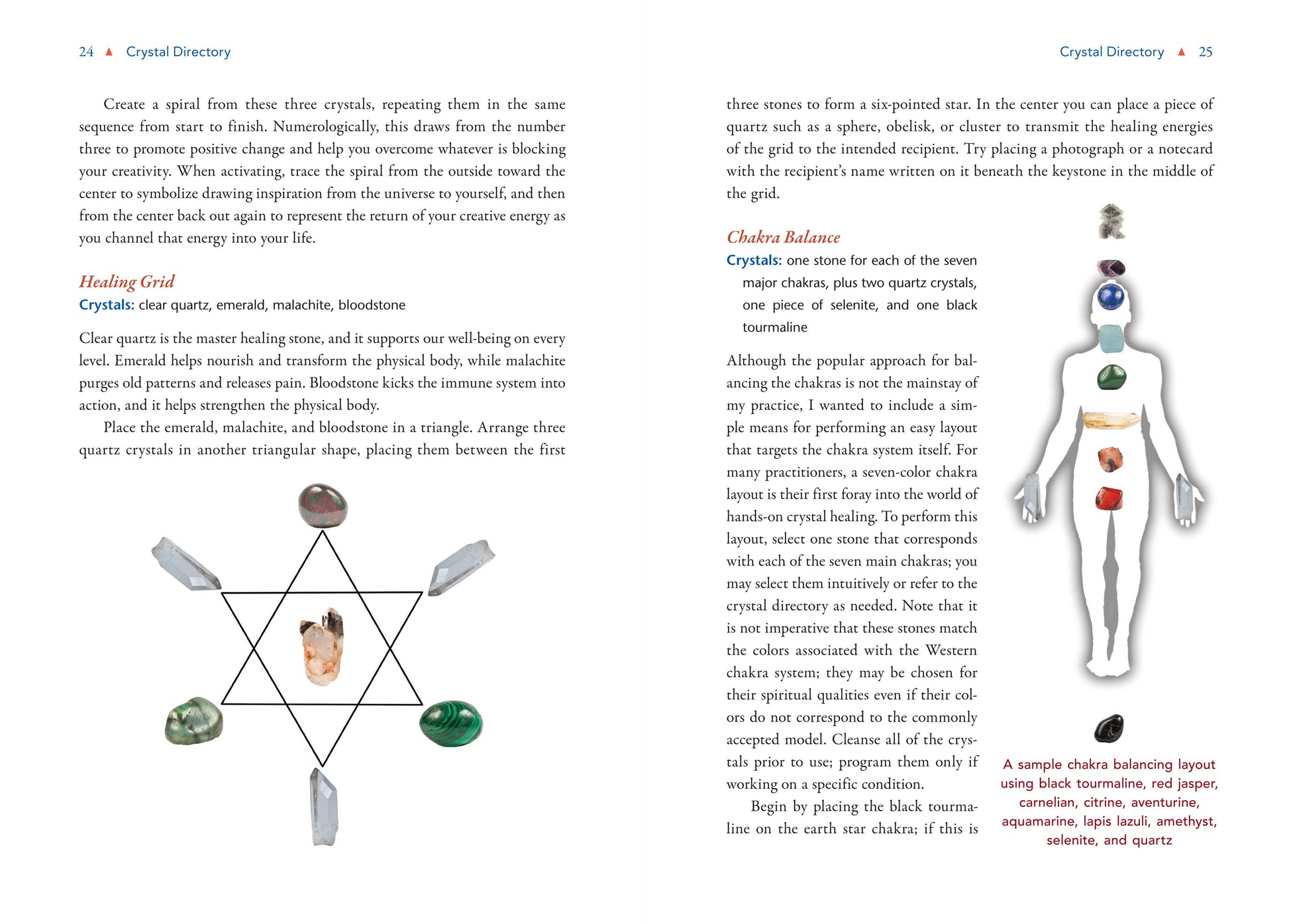 Page from a book on crystal healing with text and illustrations of crystals and a human body chakra diagram.
