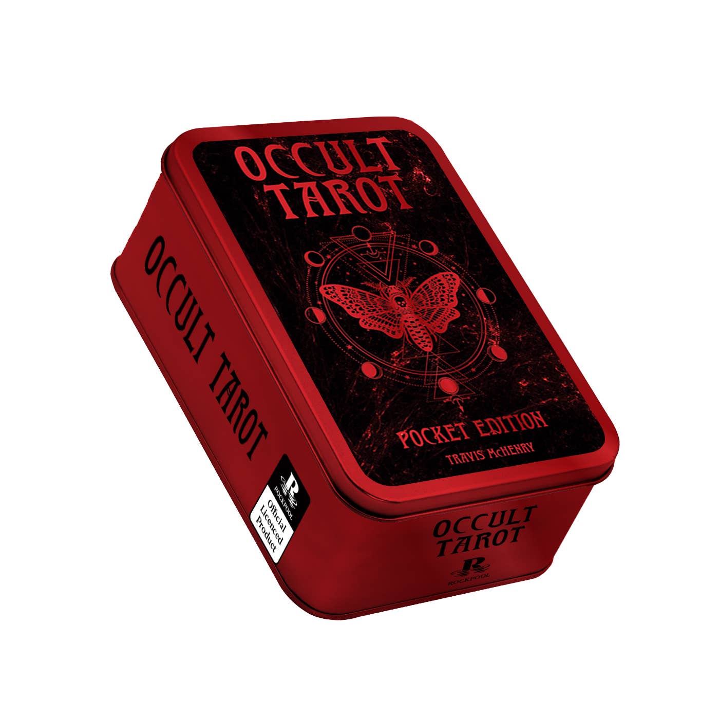 Red tin box with 'Occult Tarot' text and design on a white background