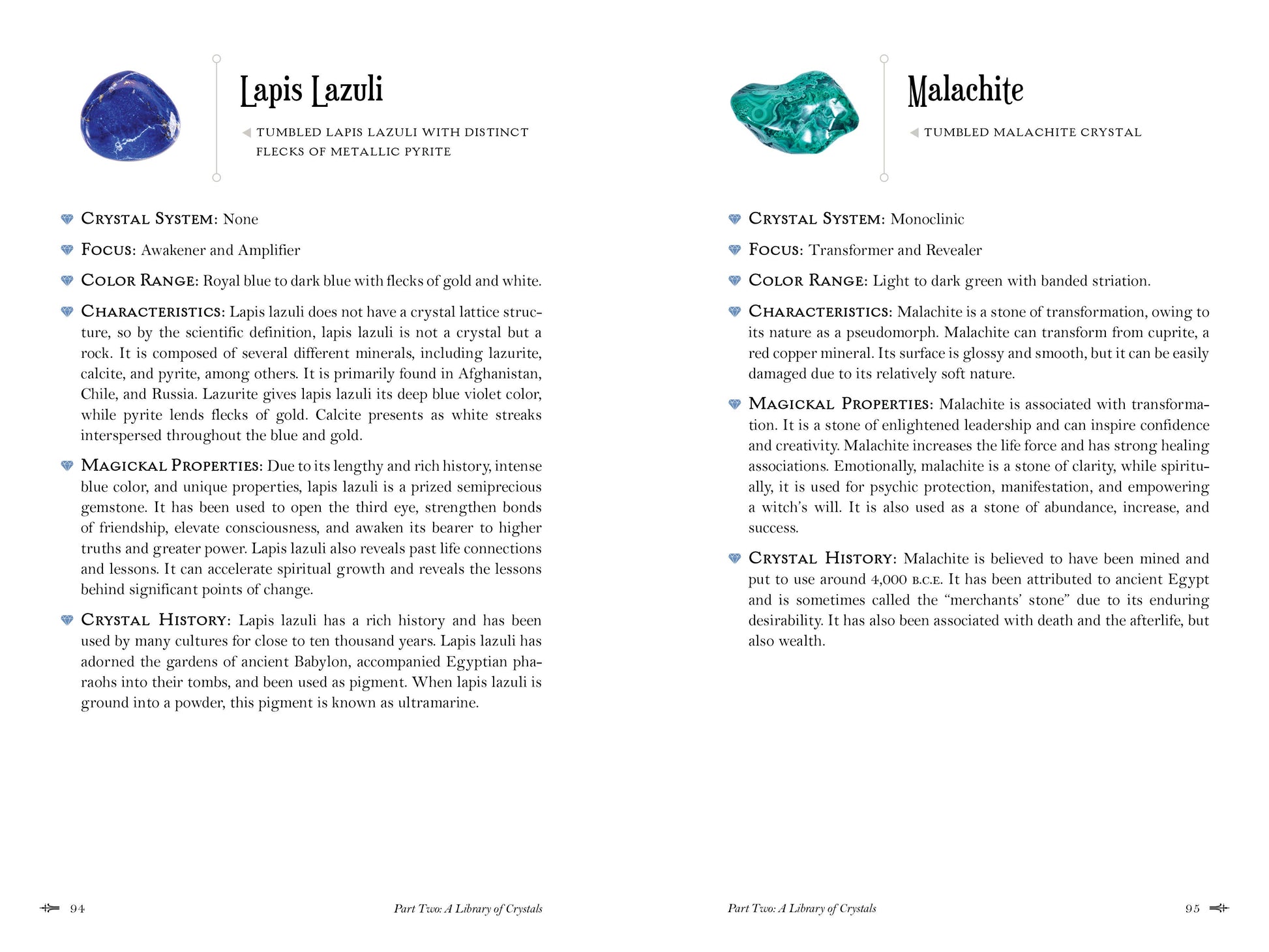 Page from a book featuring information about Lapis Lazuli and Malachite crystals.