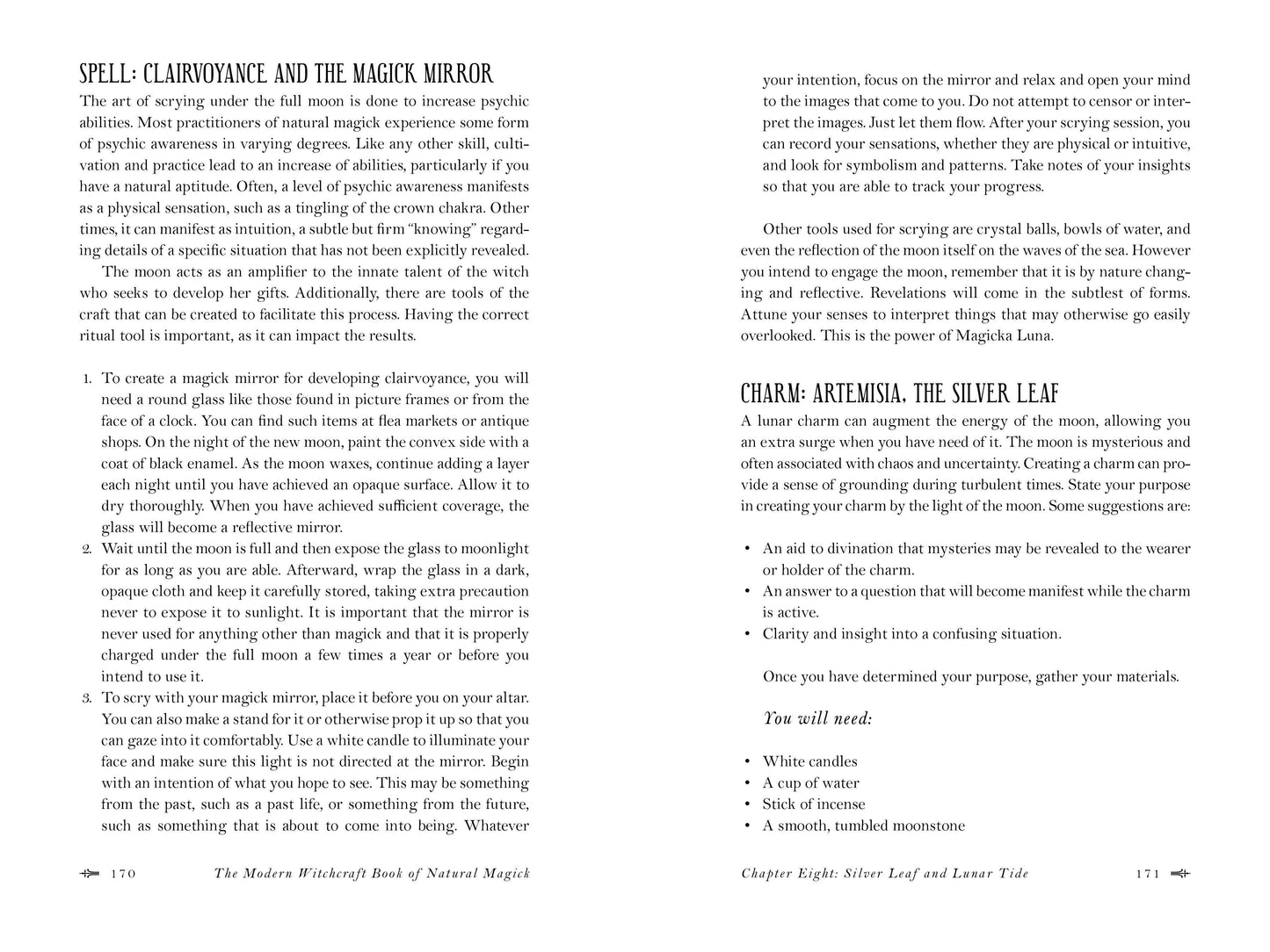 Page from 'The Modern Witchcraft Book of Natural Magic' with text on spellcasting and charms.