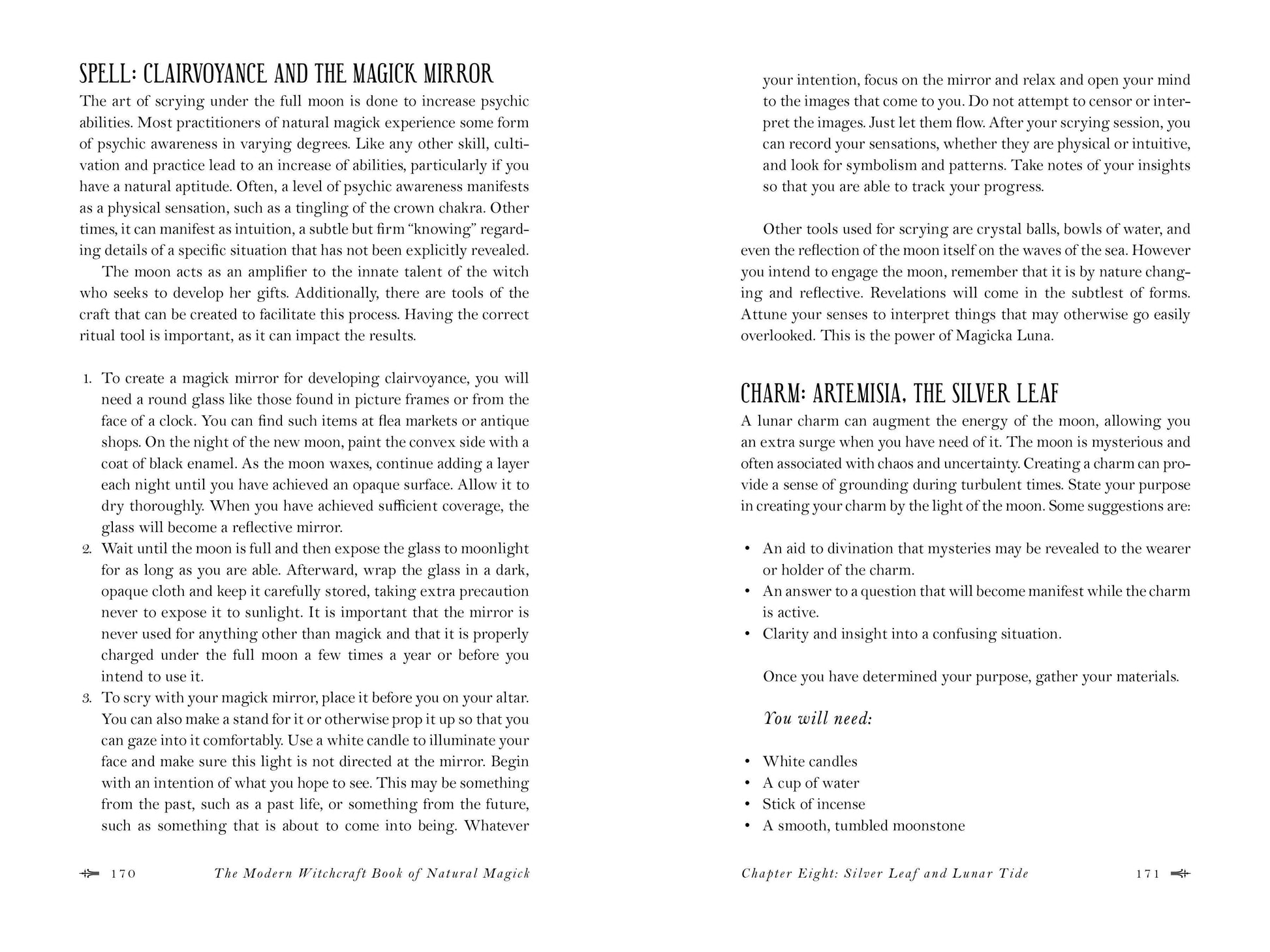 Page from 'The Modern Witchcraft Book of Natural Magic' with text on spellcasting and charms.