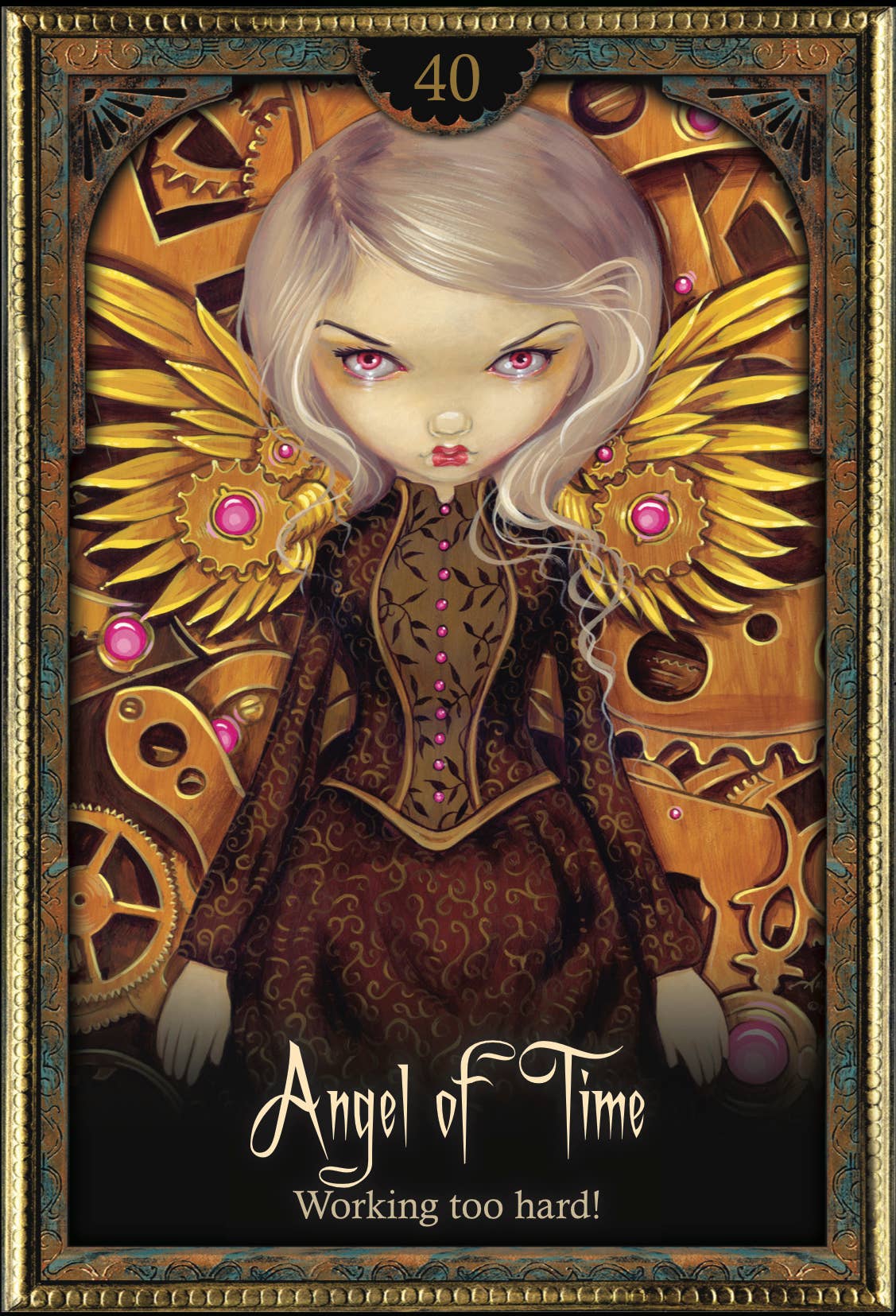 Steampunk-style angel with mechanical elements and text 'Angel of Time' on a dark background