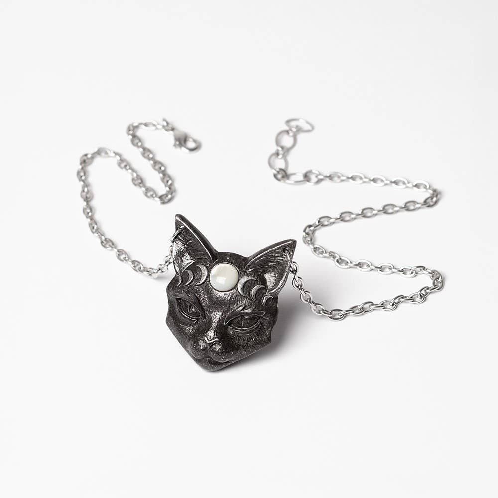 Silver cat head necklace on a white background